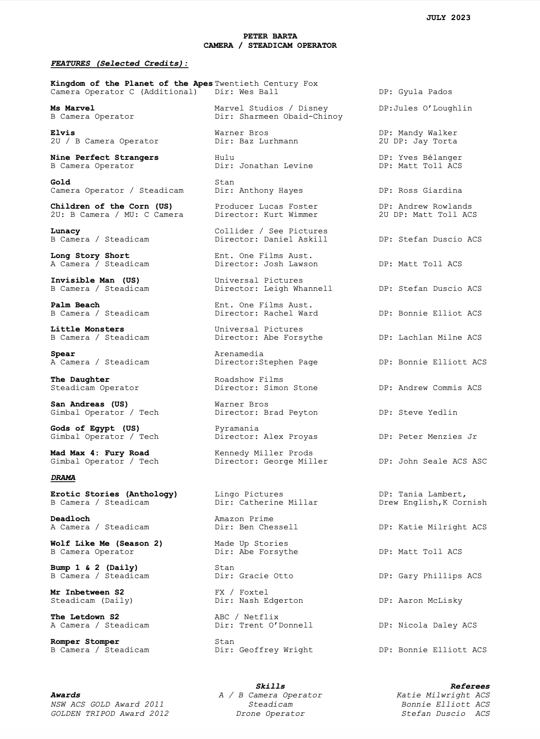 Peter Barta — Camera / Steadicam Operator, full CV, July 2023