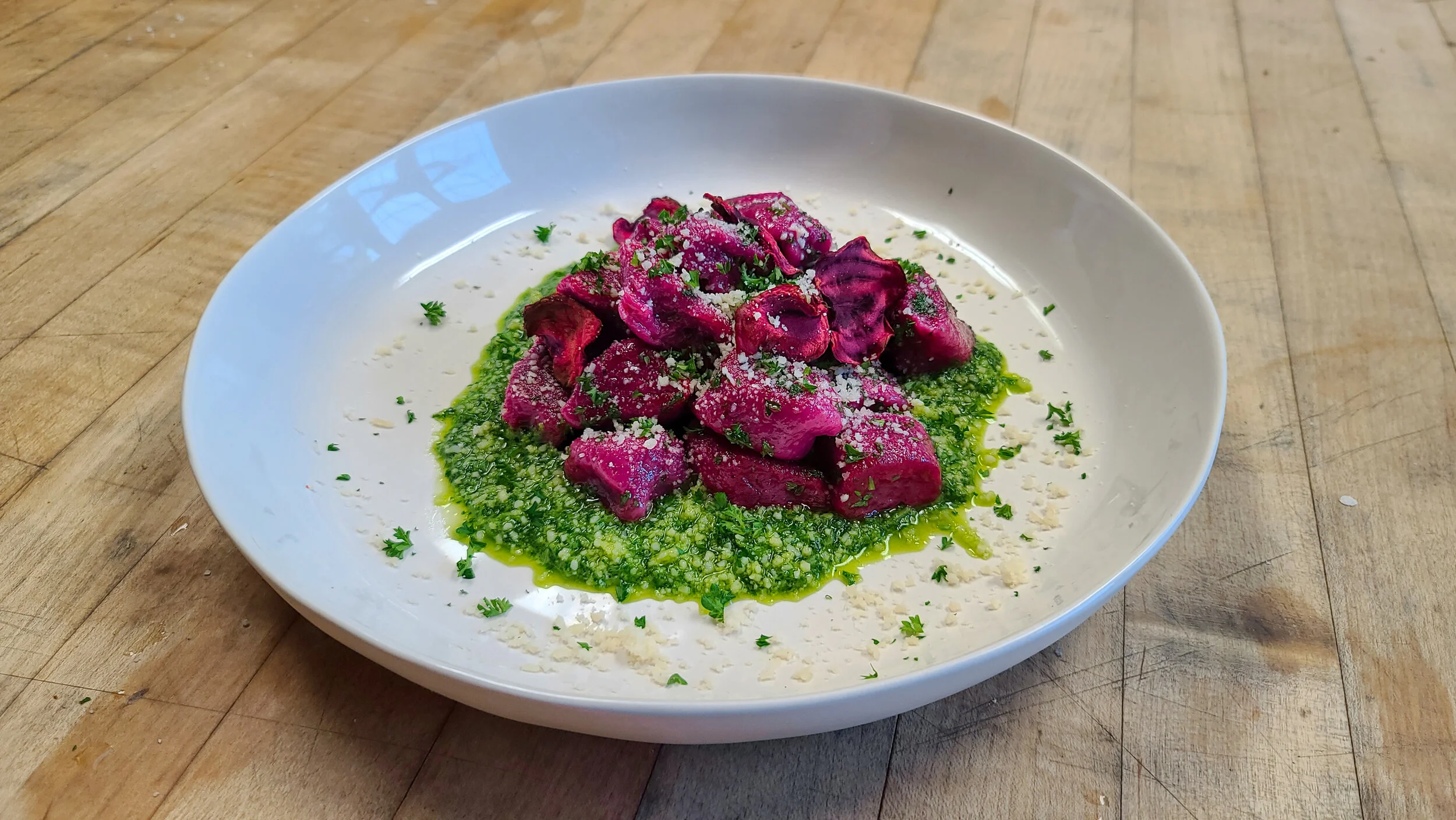 Beetroot & Goat Cheese Gnocchi w/ Wild Garlic Pesto — The Traveling Chef