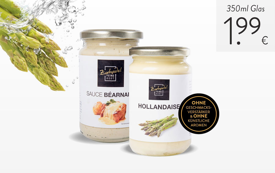Feine Zutaten zu fairen Kursen: Zurheides Sauce Hollandaise oder Bearnaise im 350-ml-Glas (Grundpreis 1 L = 5,69 €)