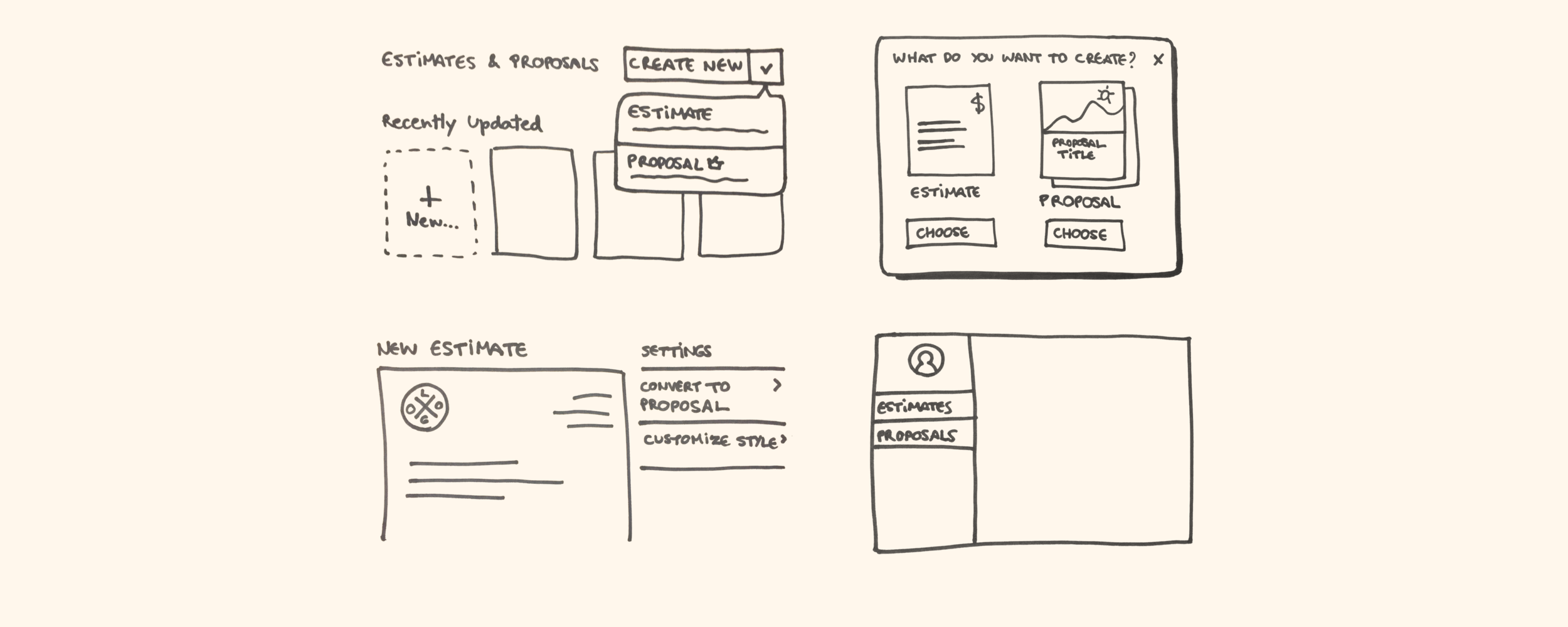  Sketches exploring how to let users choose if they want to create an estimate or a proposal 