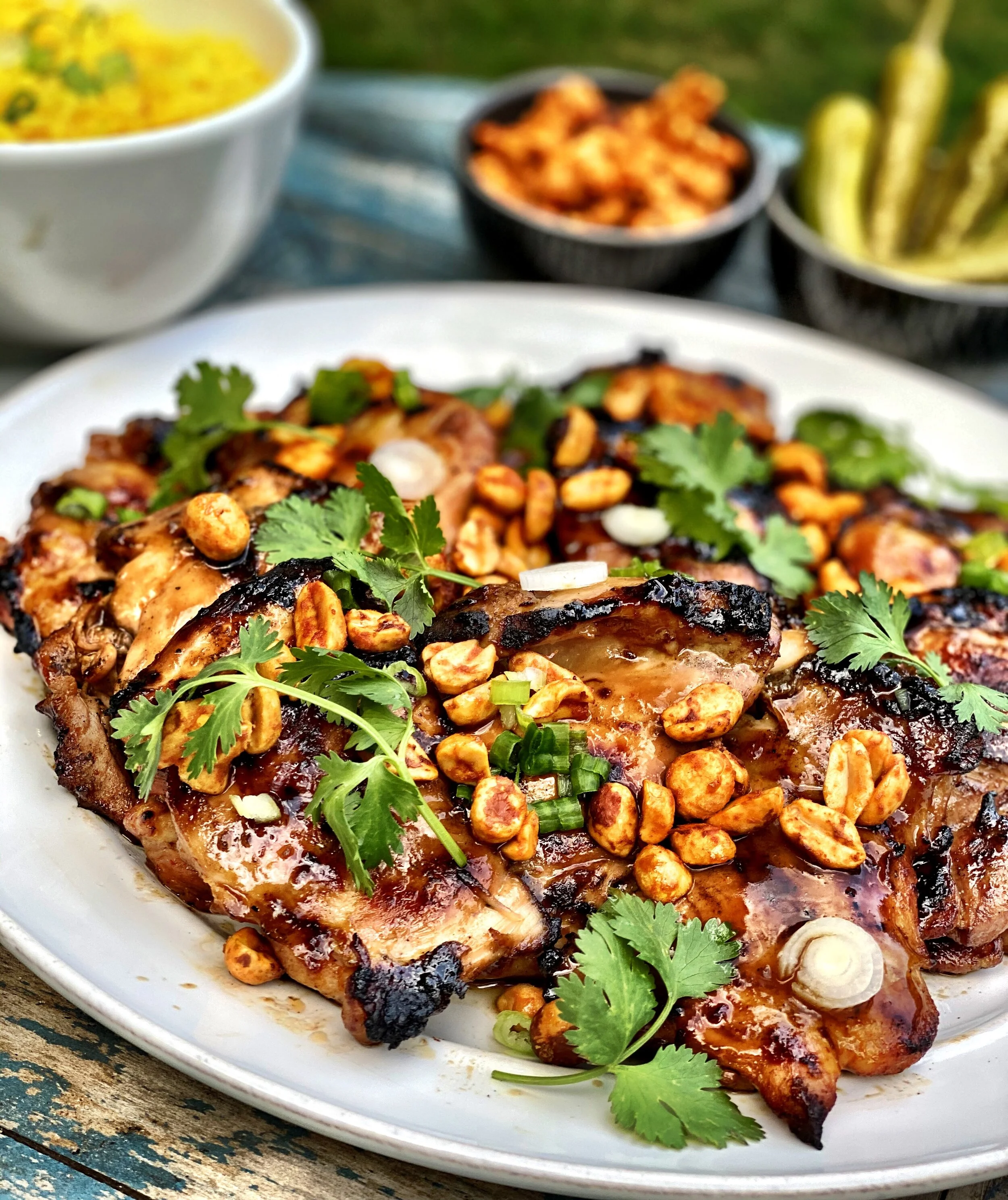 GRILLED Sesame - Pickled Pepper Thighs with Spicy Peanuts