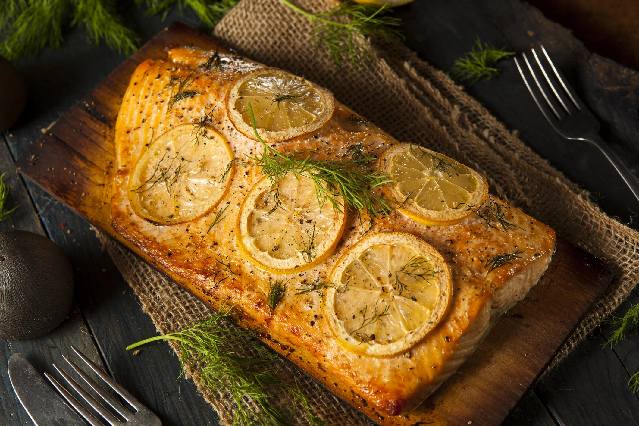 CEDAR PLANKED YELLOW CURRY SALMON WITH LEMON AND DILL