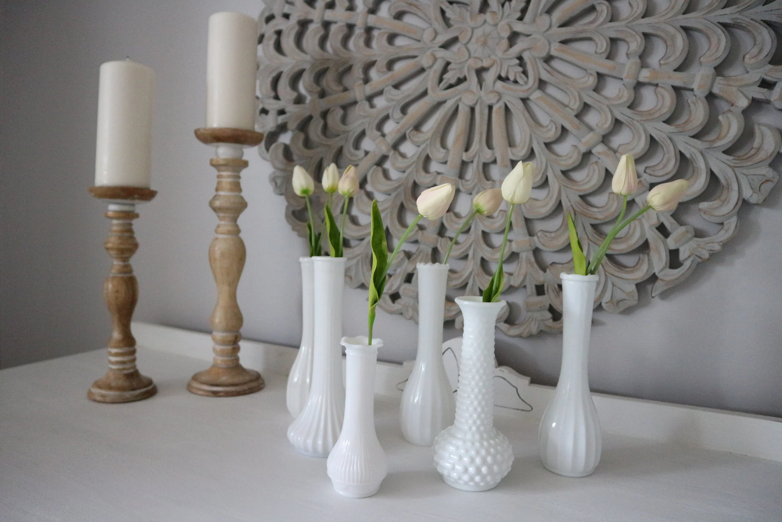 Here is how I styled them at home in our dining room. As you can see there are those candle holders that I bought earlier on. 