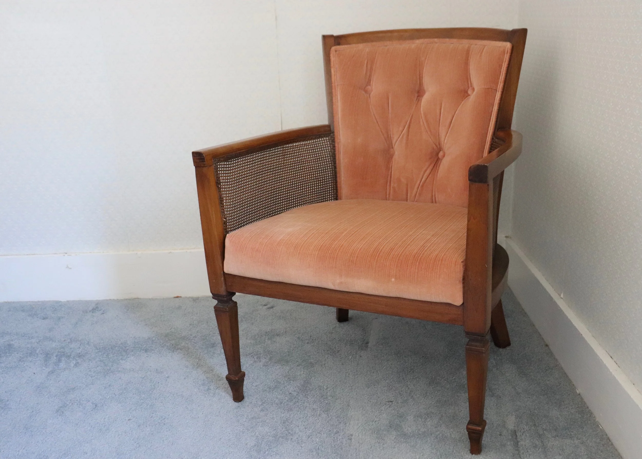 I got this piece at Savers for 5 bucks! It is in great condition and reminds me of some peachy-pink chairs my grandma used to have.