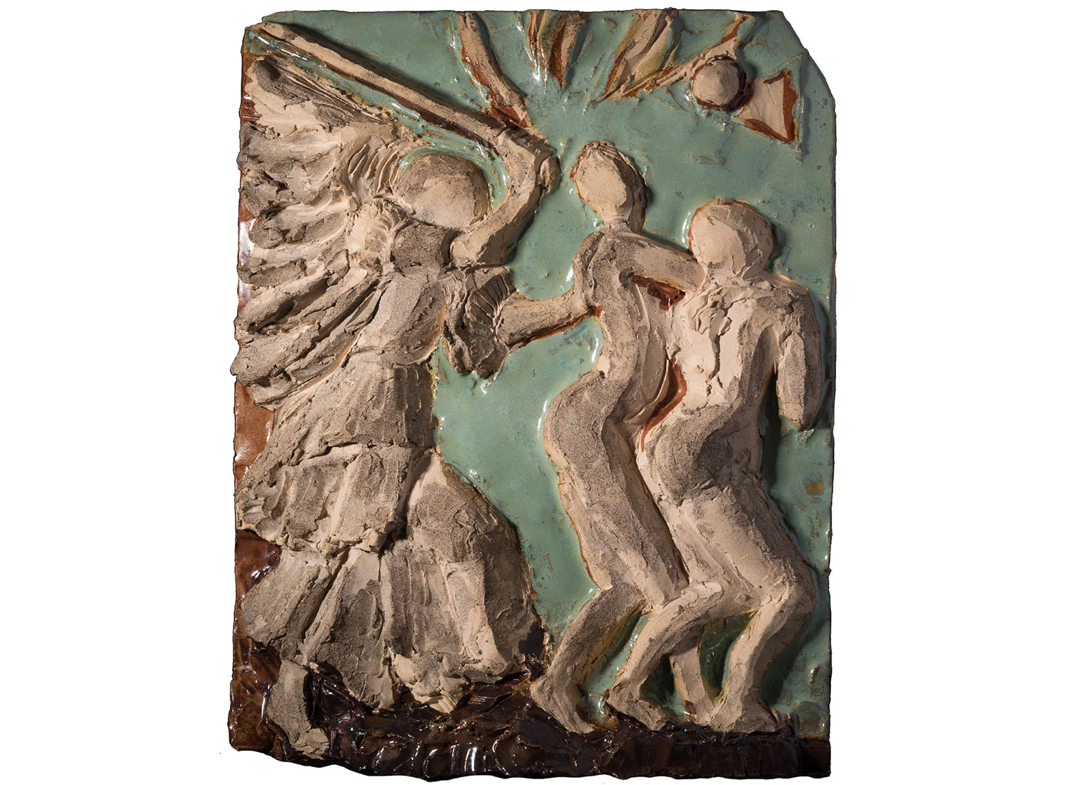 Expulsion (after Durer), 2017. Glazed stoneware ceramic, 13" x 11"