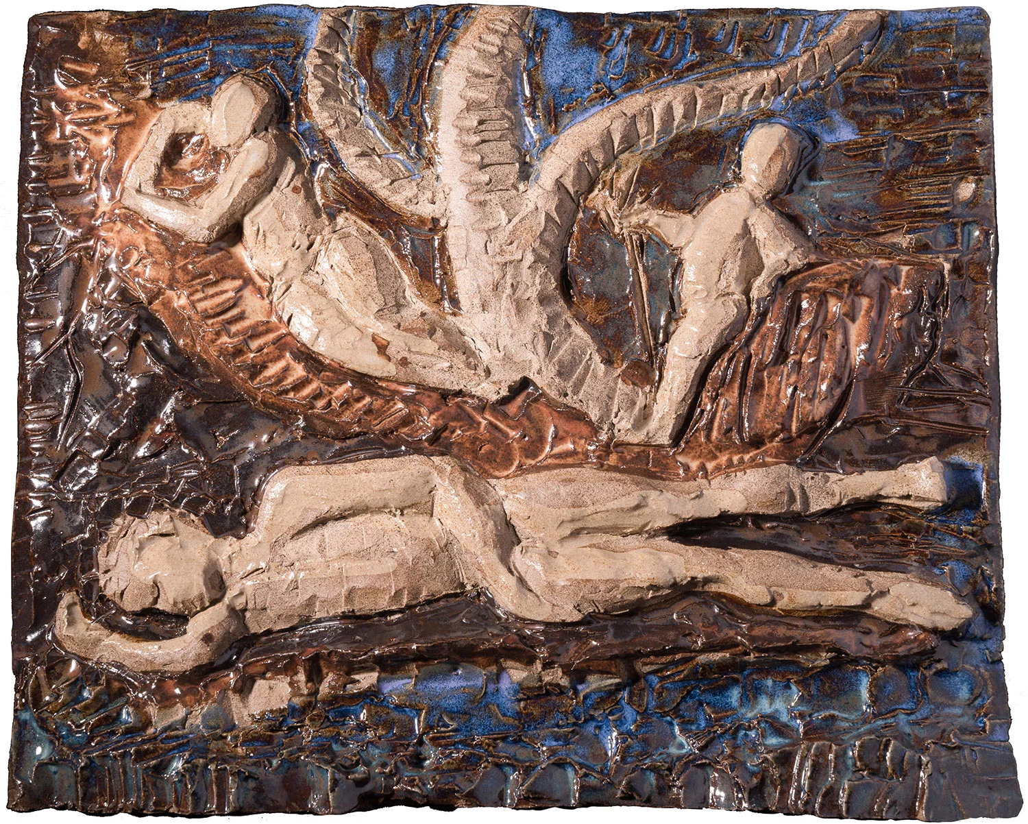 Echo and Narcissus (after Poussin), 2017. Glazed stoneware ceramic, 13" x 11"