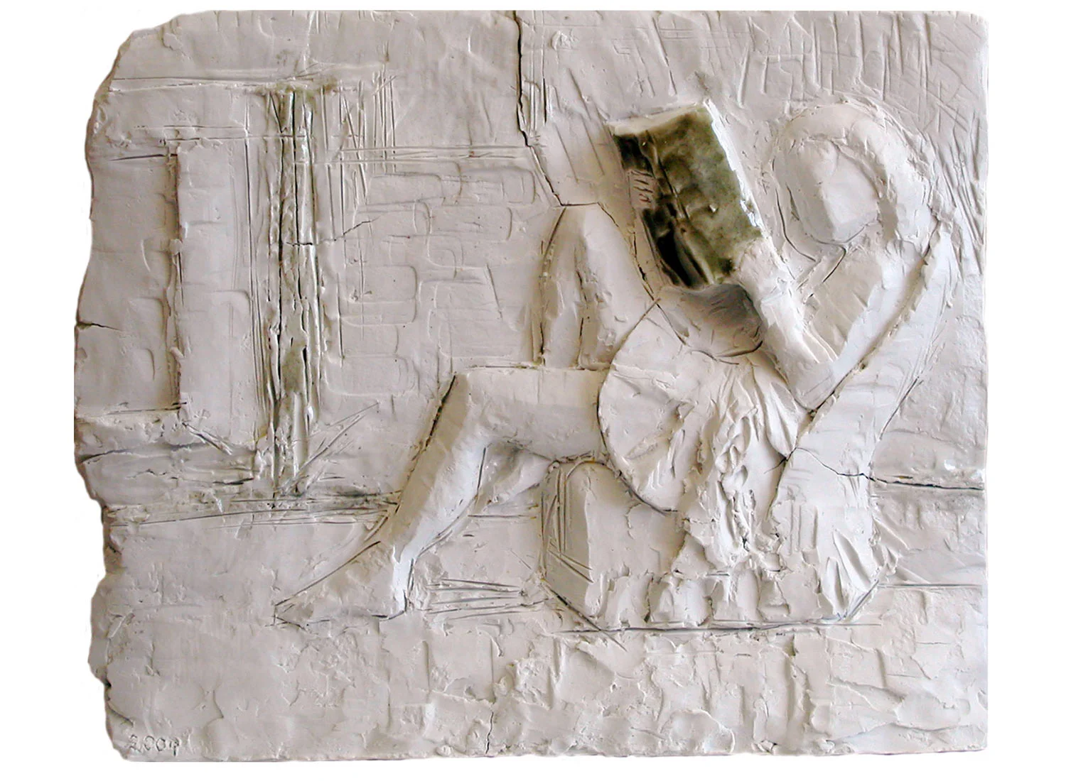 Reading (after Balthus), 2009. Glaze on porcelain, 16" x 14" x 1.5"