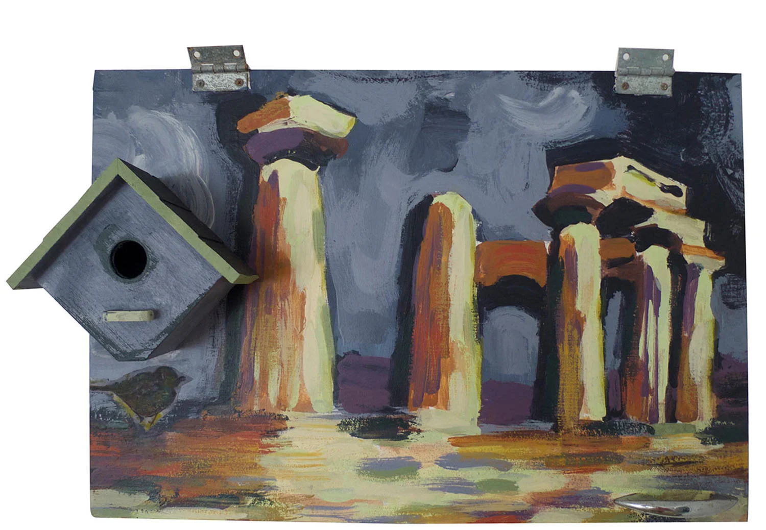 Temple of Apollo @ Corinth with Wren, 2015. Pittsburgh Paint on Cabinet with Molding, 24" x 16"