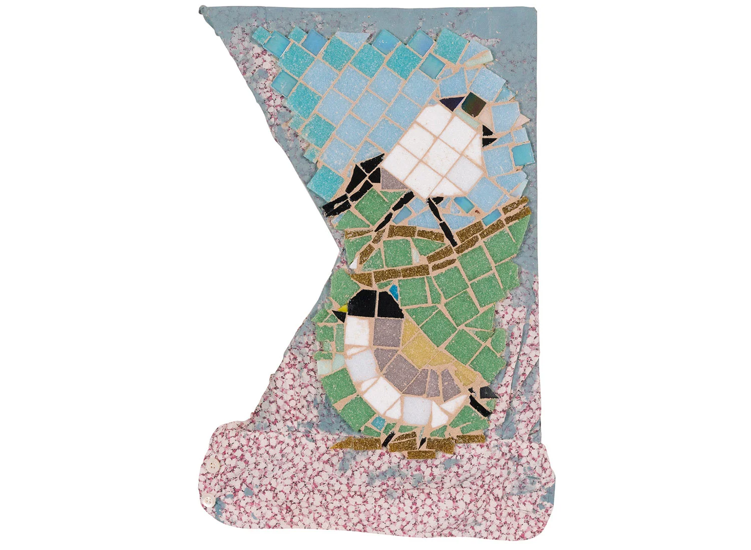 Chick-a-Dees on a Sleeve, 2016. Mosaic on fabric, 9" x 12"