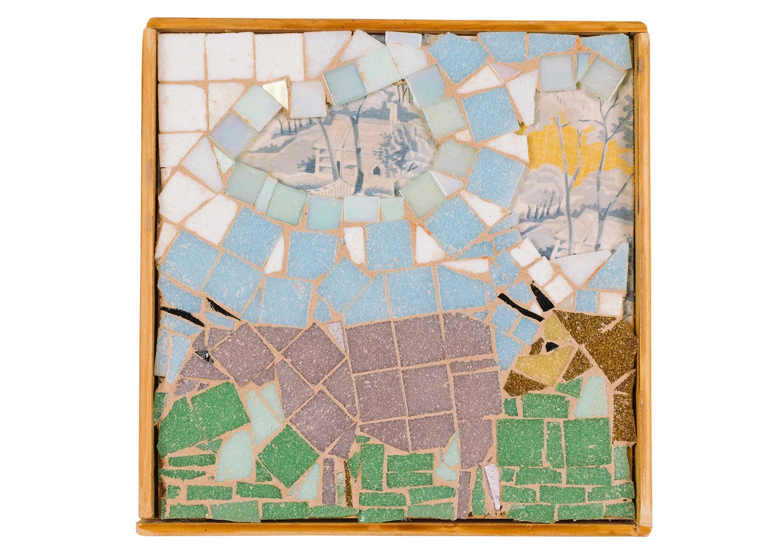 Two Cows, 2017. Mosaic with fabric. 8" x 3"