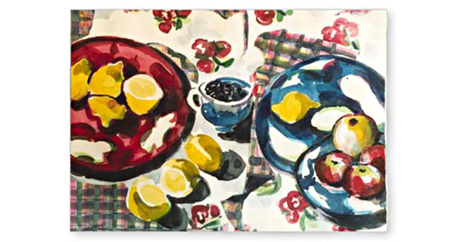 Blueberries, 2002. Watercolor and collage on paper, 26" x 20"