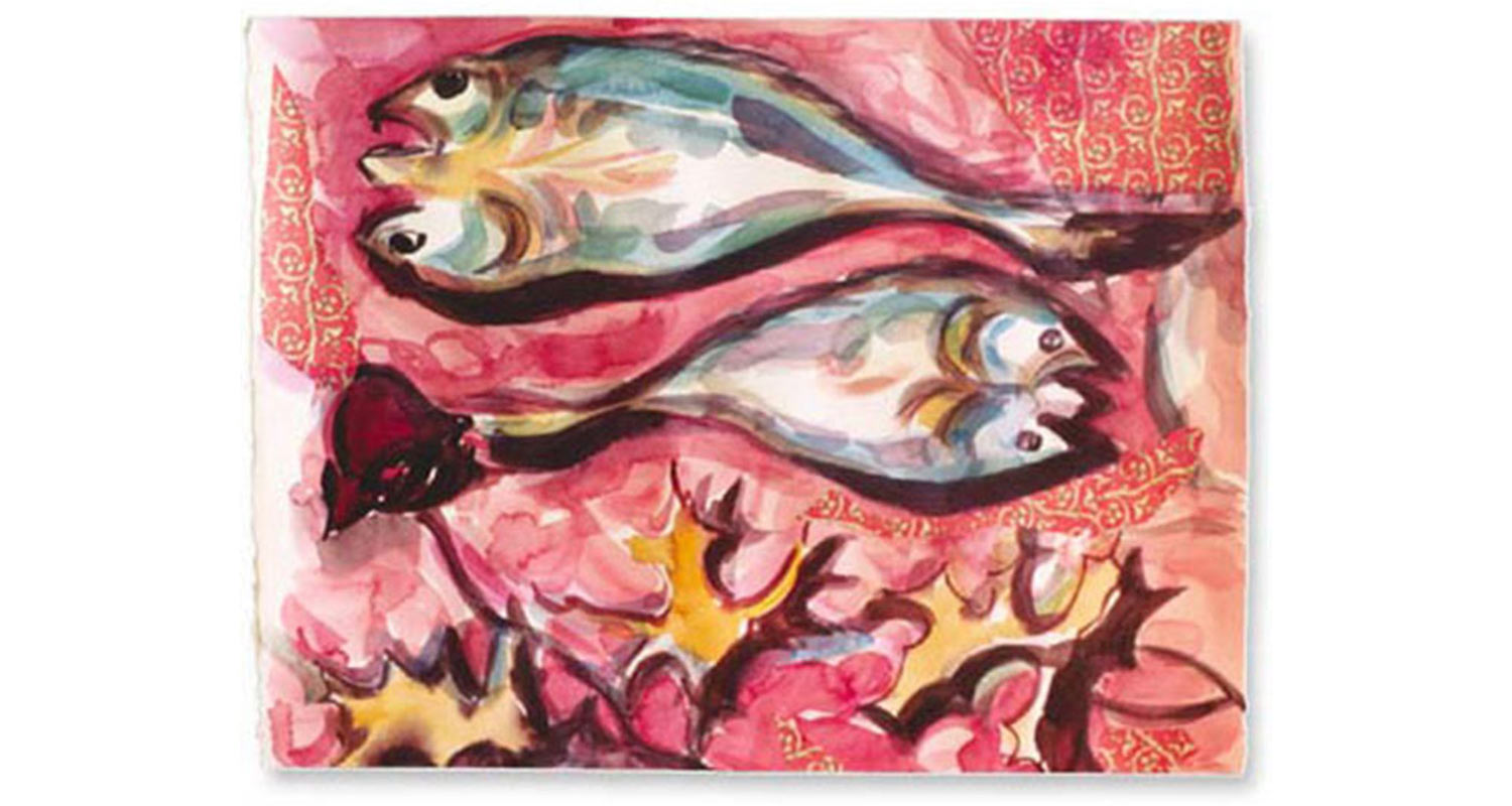 Autumn Whitefish, 2001. Watercolor and collage on paper, 20.5" x 21"