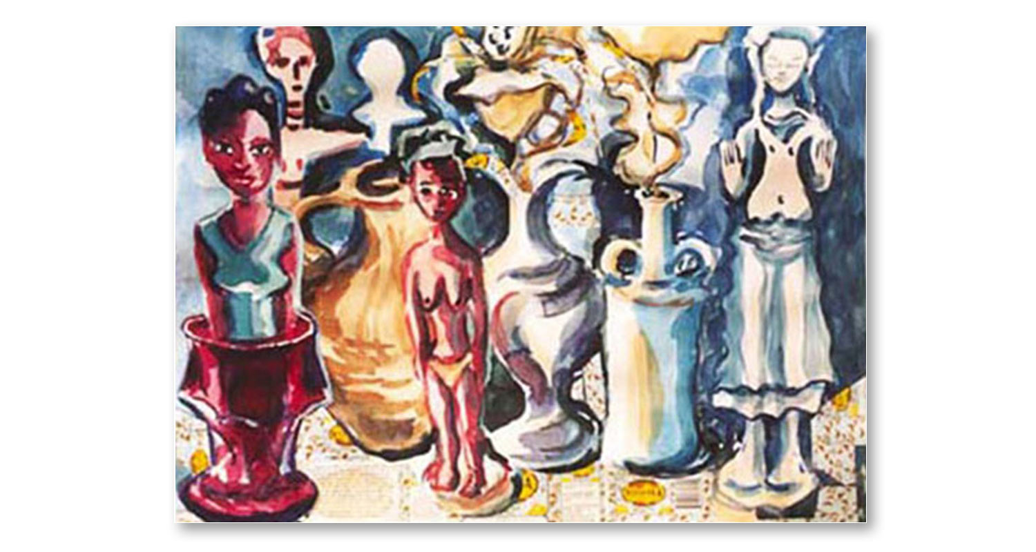 The Genie's Out of the Bottle, 2002. Watercolor and collage on paper, 26" x 20"