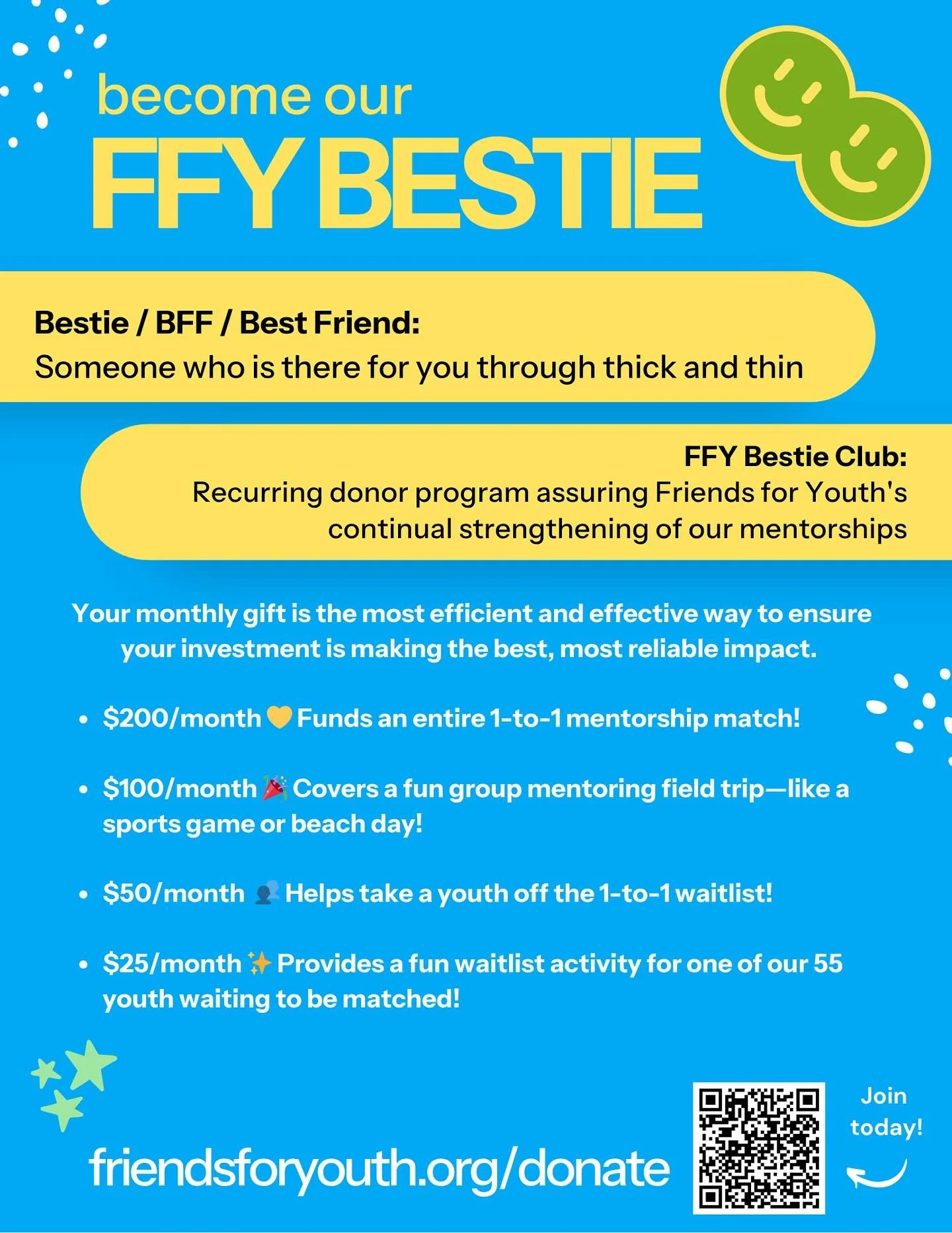 🩵Why I Donate🩵

We&rsquo;re kicking off our Besties Campaign&mdash;celebrating the incredible people who give their time and ongoing support to Friends for Youth.

This month, we&rsquo;re featuring one of our amazing &ldquo;besties&rdquo; who&rsquo
