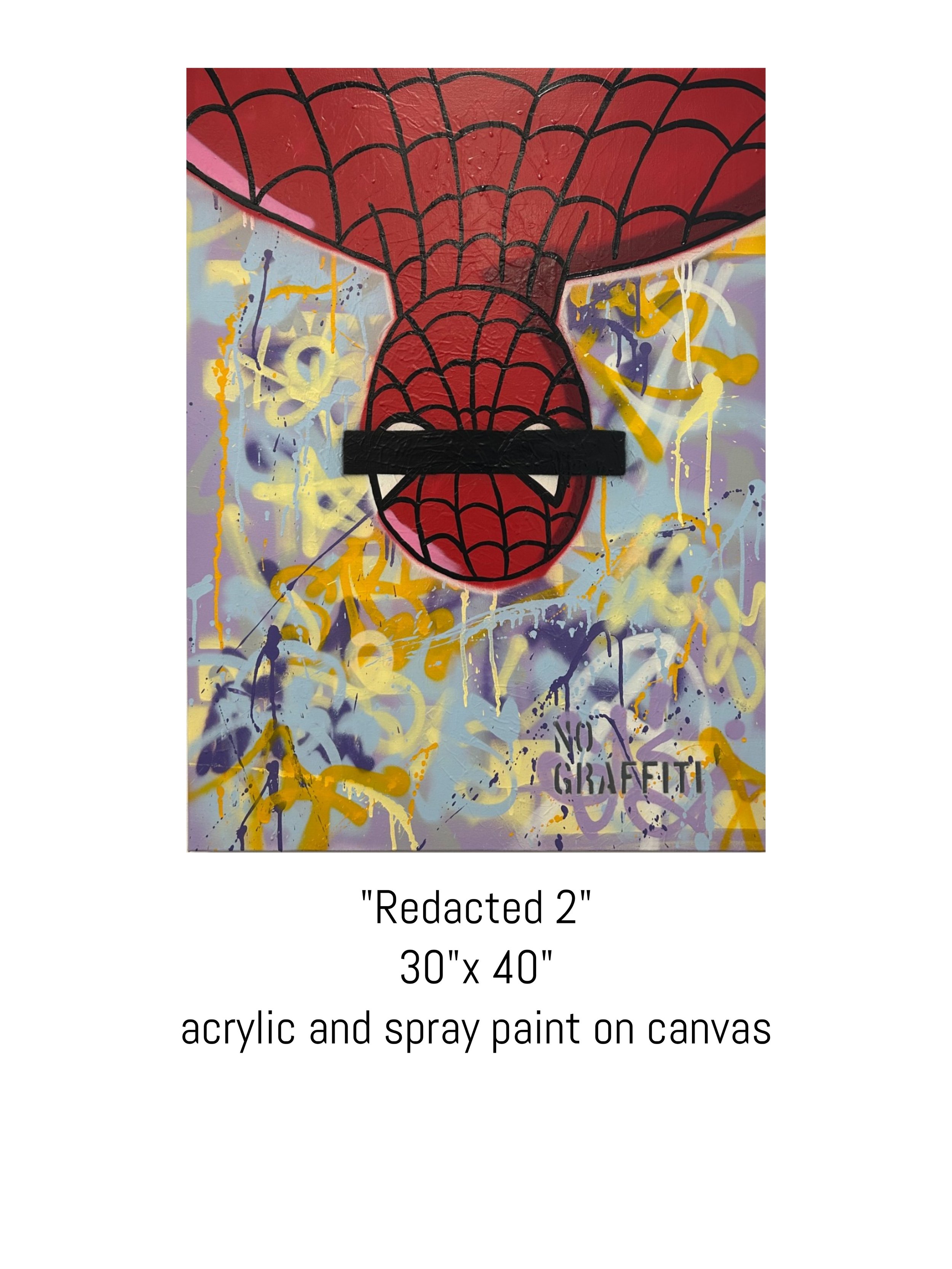 Colorful acrylic and spray paint pop art painting titled Redacted Spiderman on canvas by David Ruggeri