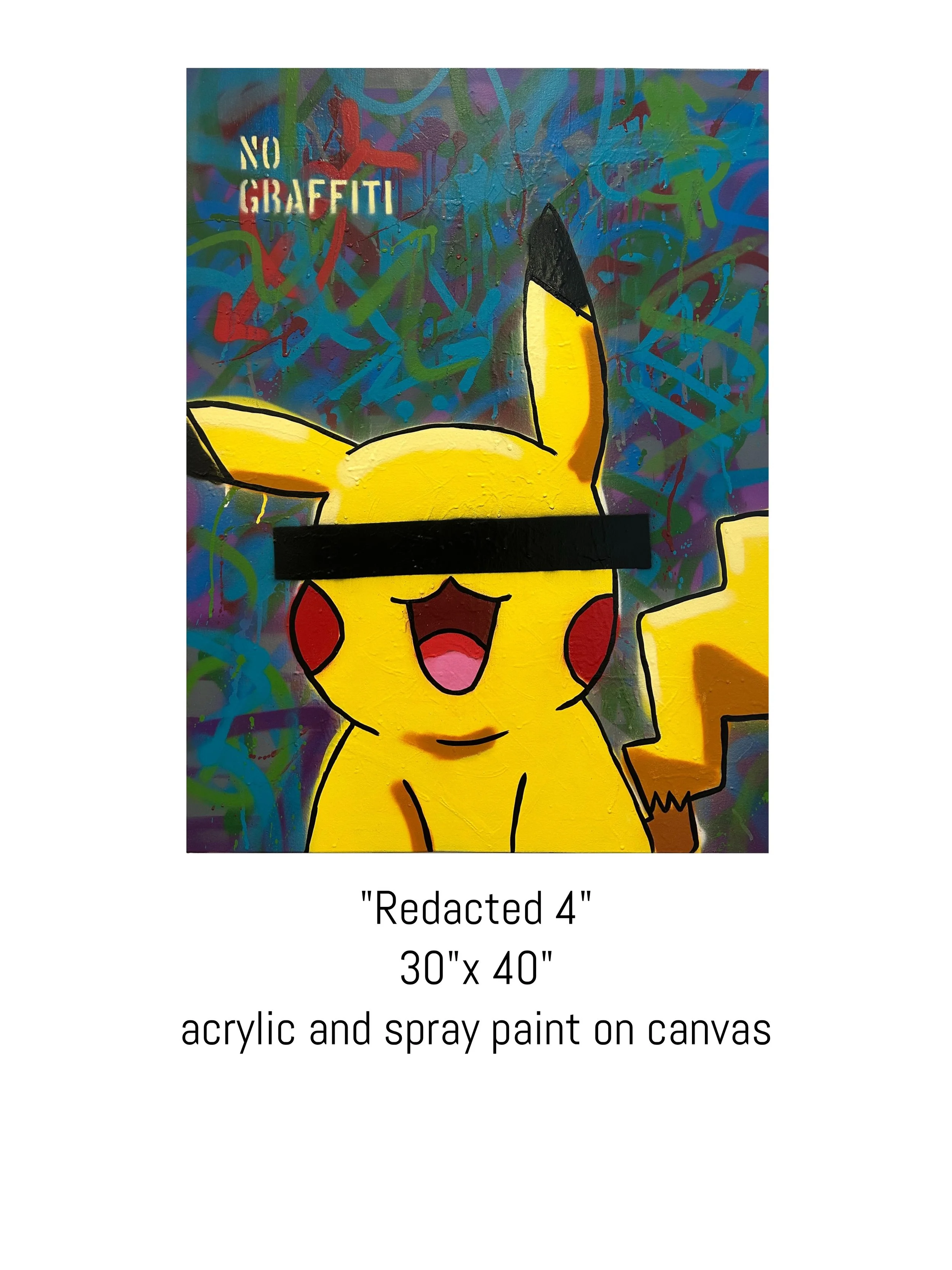 Colorful acrylic and spray paint pop art painting titled Redacted Pikachu on canvas by David Ruggeri