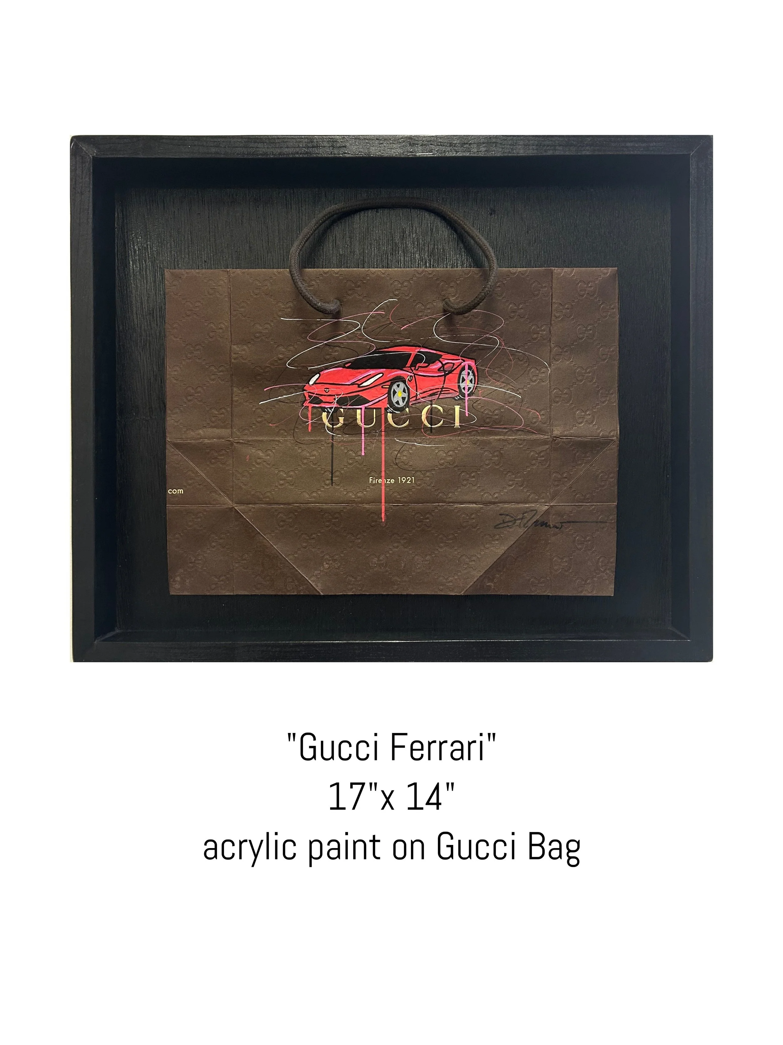 Colorful acrylic and spray paint pop art mixed media piece titled Gucci Ferrari by David Ruggeri
