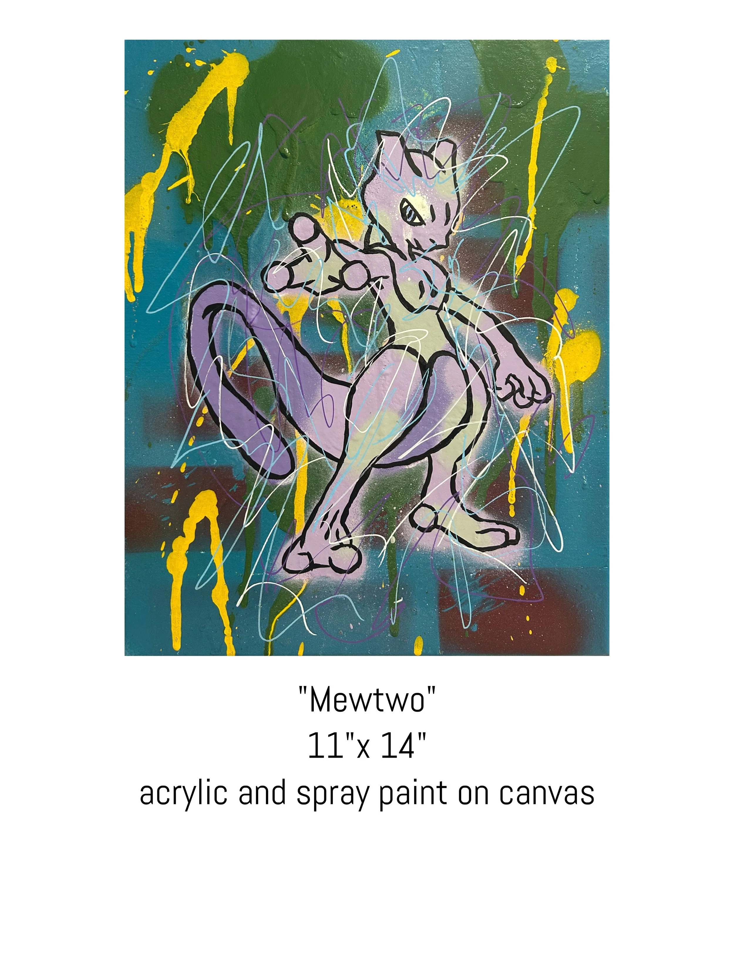 Colorful acrylic and spray paint pop art painting titled Mewtwo on canvas by David Ruggeri