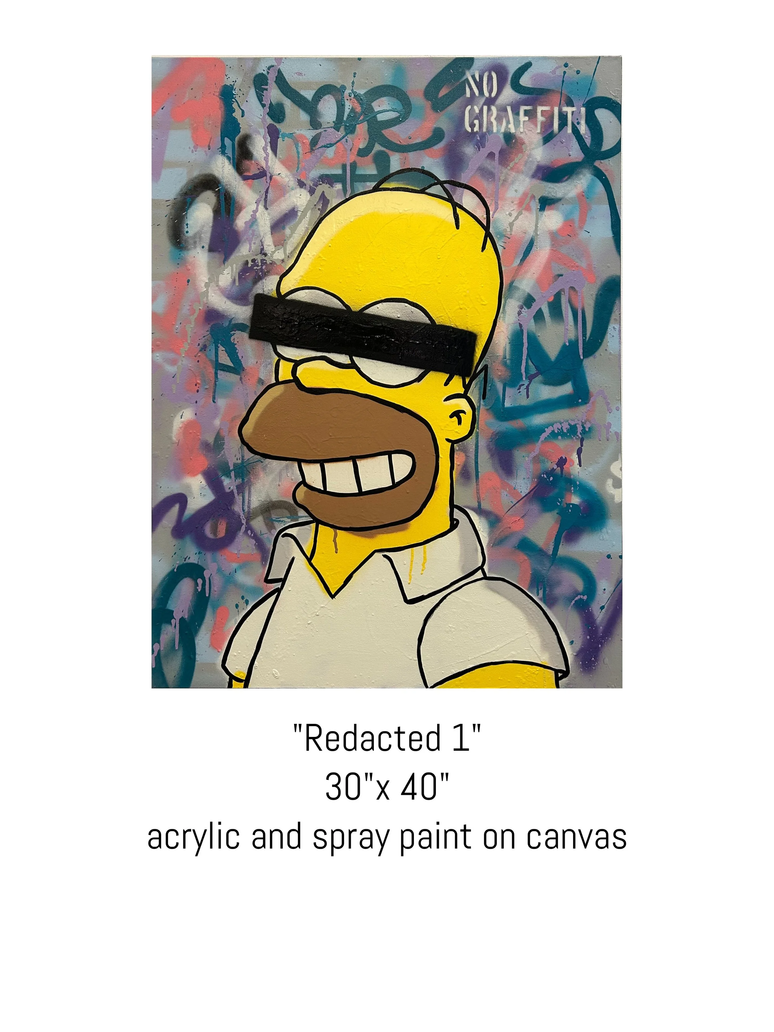 Colorful acrylic and spray paint pop art painting titled Redacted Homer on canvas by David Ruggeri