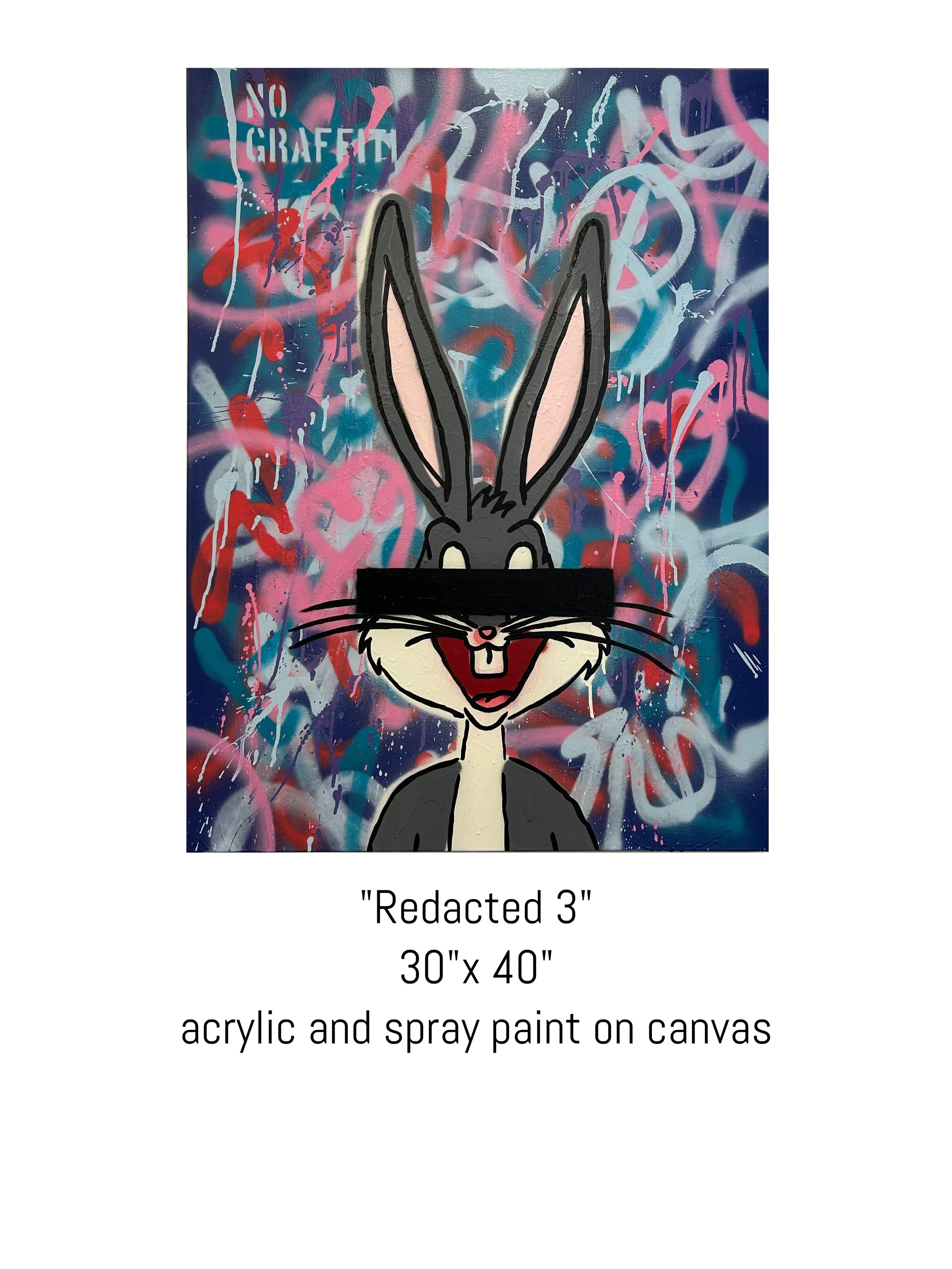 Colorful acrylic and spray paint pop art painting titled Redacted Bugs Bunny on canvas by David Ruggeri