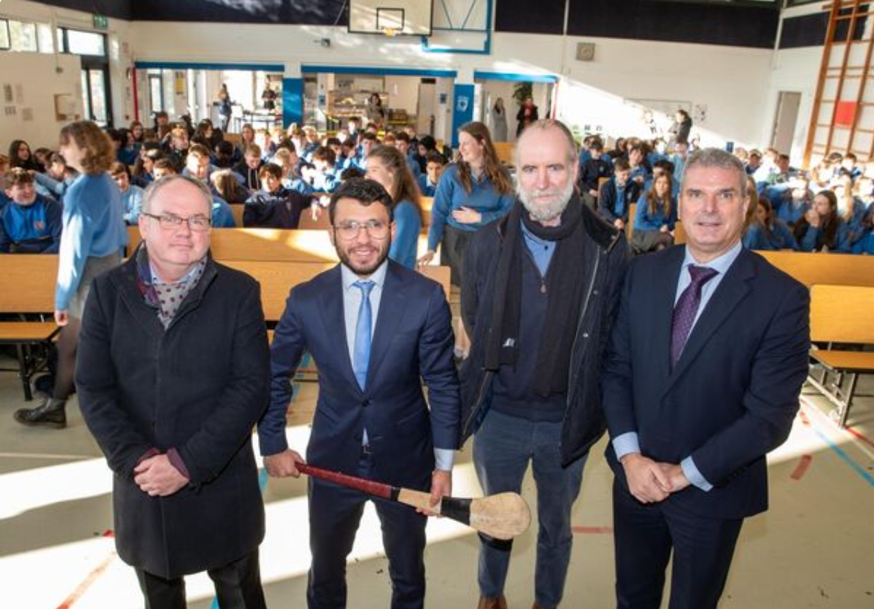 Abood Abdullah Aljumaili AKA Bonnar Ó Loingsigh with Padraig Fitzgerald and Ger Timmons from the Kinsale Peace Project and school principal Fergal McCarthy. .png