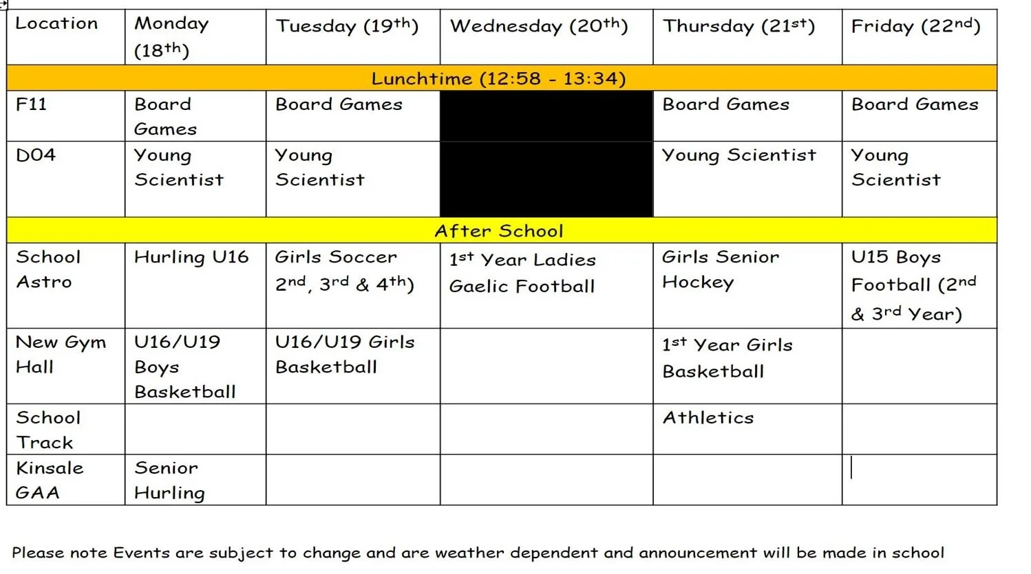 This Weeks Event Calendar