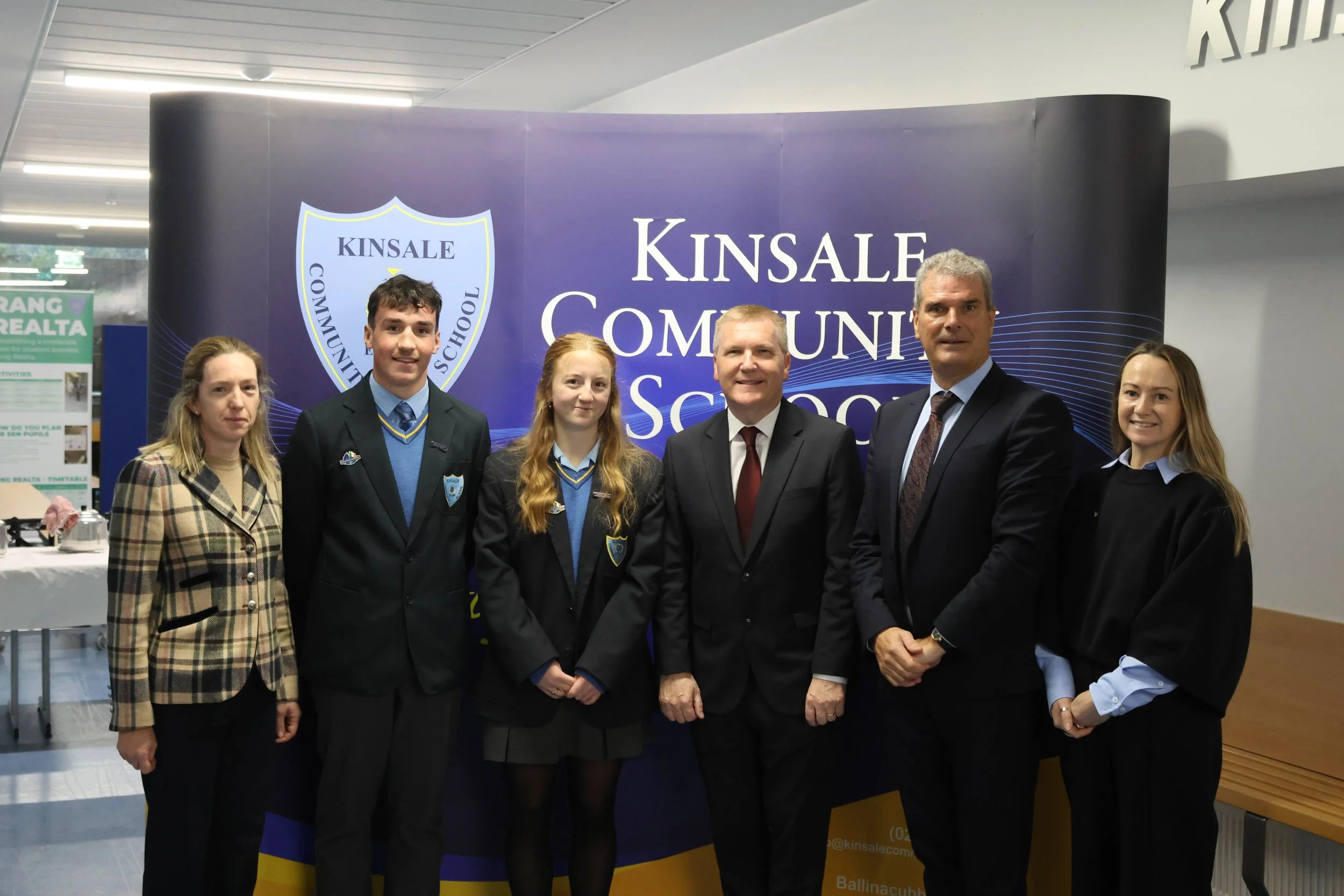 Ms. Mairead Dullea, Conor Looney, Eimear Ní Chearnaigh, Commissioner Michael McGrath, Principal Fergal McCarthy and Ms Aoife Houlihan.JPG