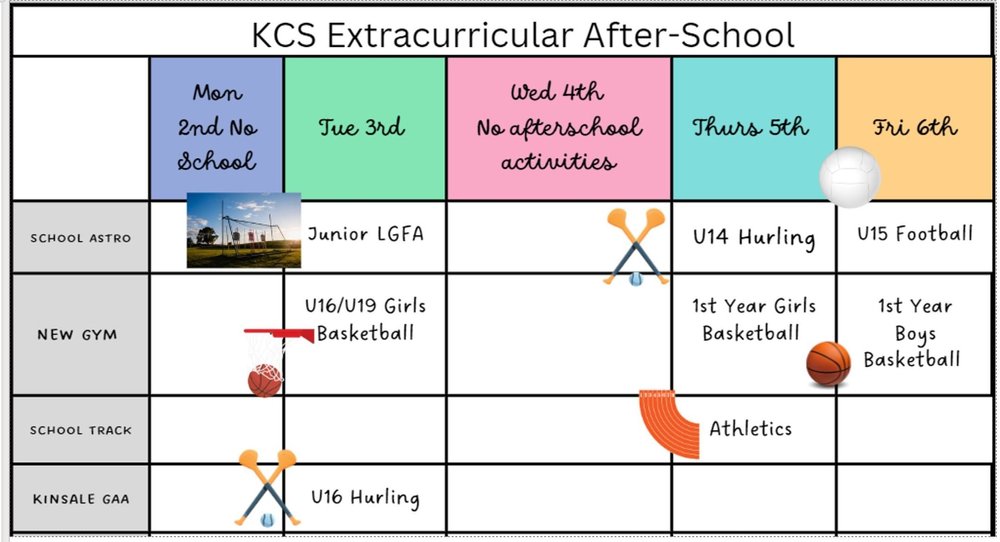 This Weeks ExtraCurricular Activities Calendar — KCS, Kinsale