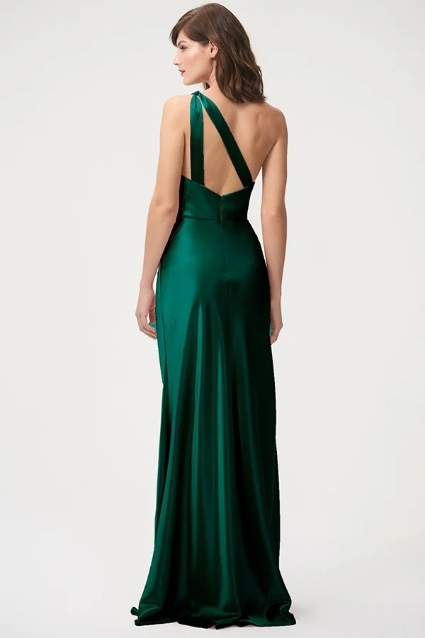 Back view of one shoulder Lena in satin back crepe by Jenny Yoo
