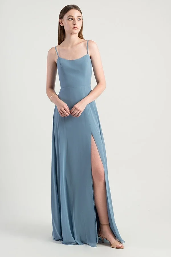 Front of Kiara with simple spaghetti strap and slit design by Jenny Yoo Bridesmaids