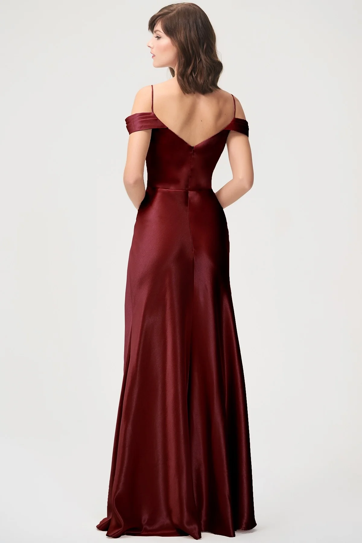 Back detail of Serena off the shoulder style by Jenny Yoo in satin back crepe