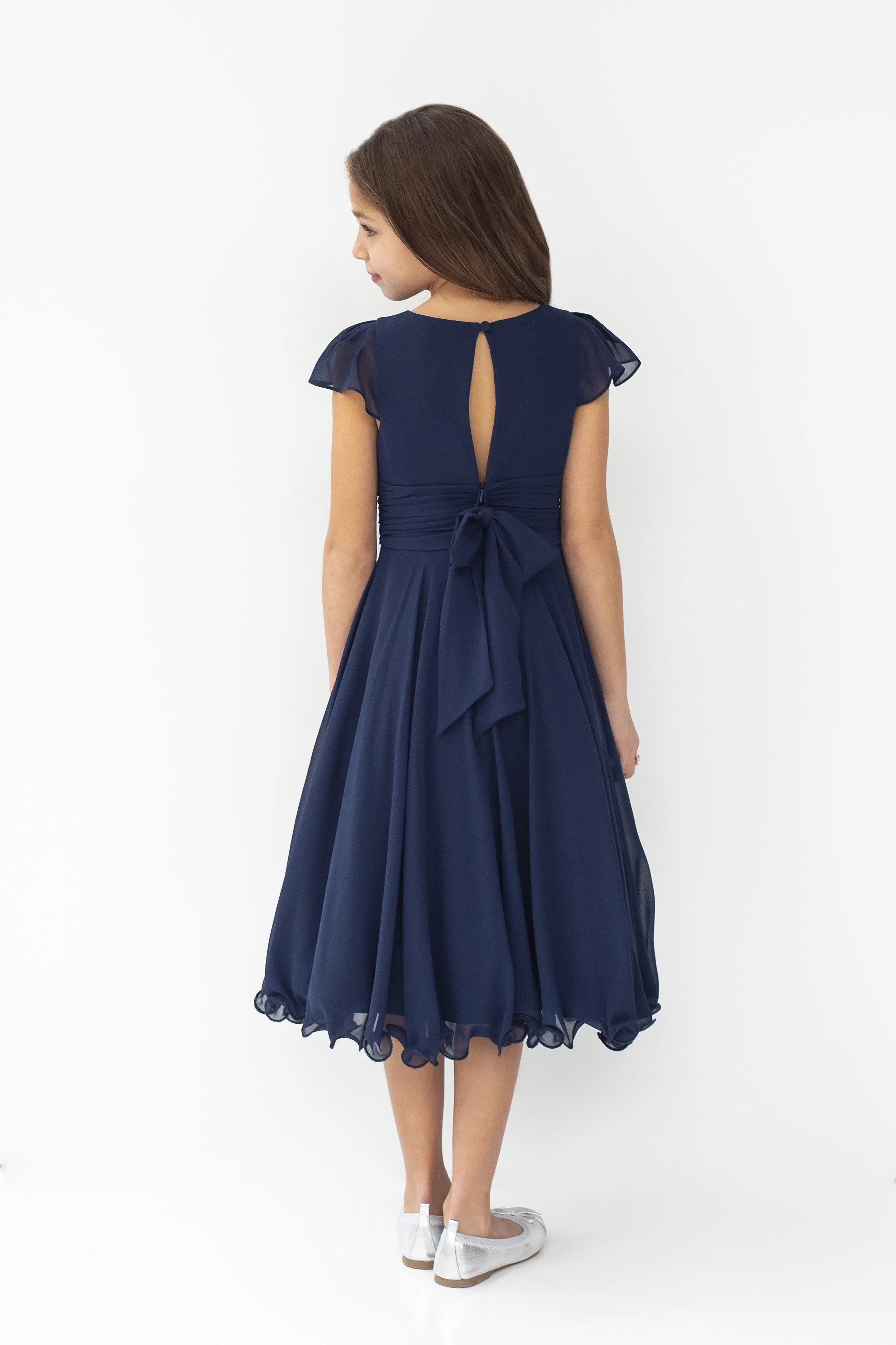 Cap sleeve keyhole and bow back detail of Piper flower girl dress by La Petite Hayley Paige at Gilded Social in Columbus Ohio