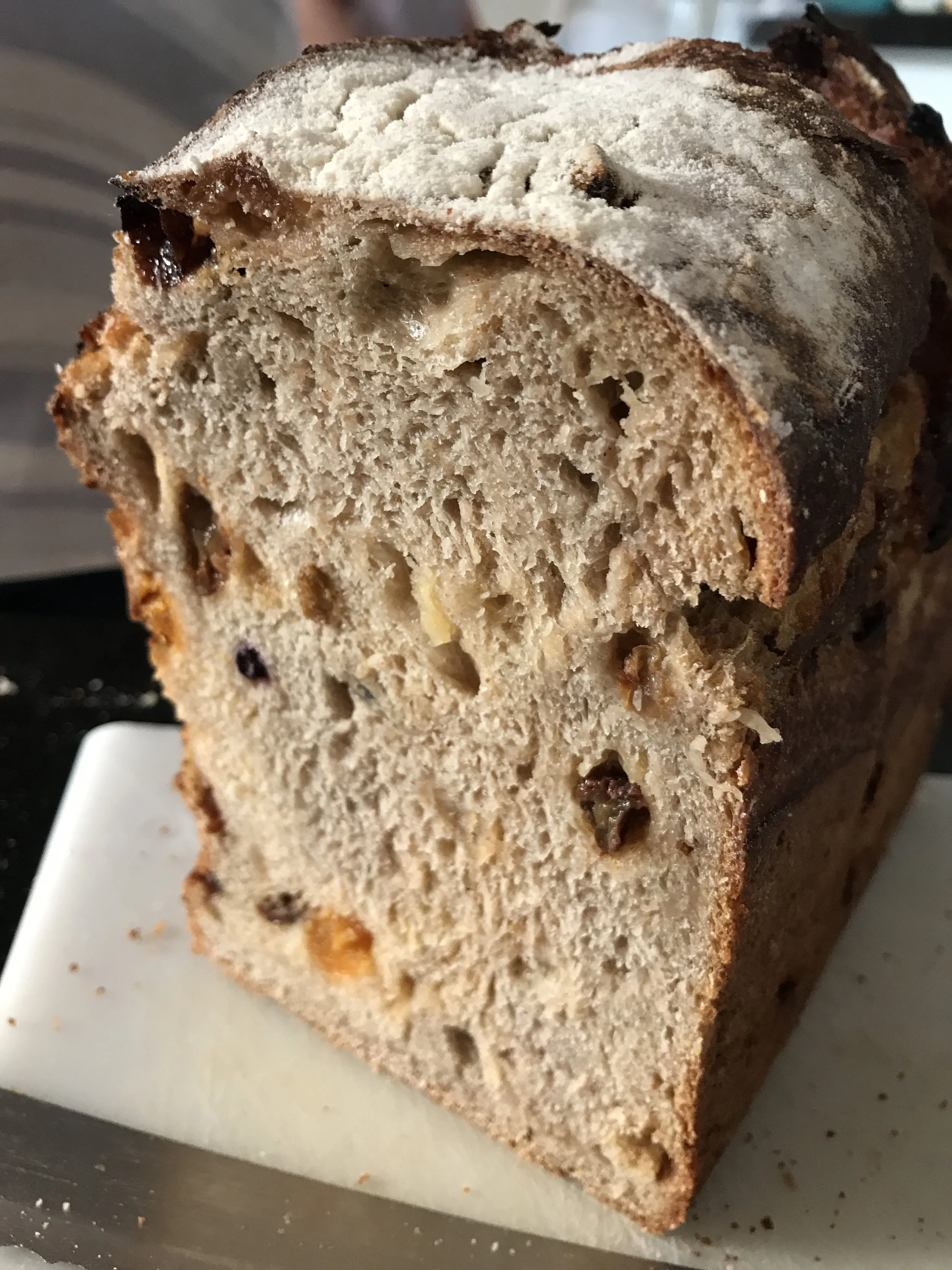 Shiny crumb in fruit sourdough.
