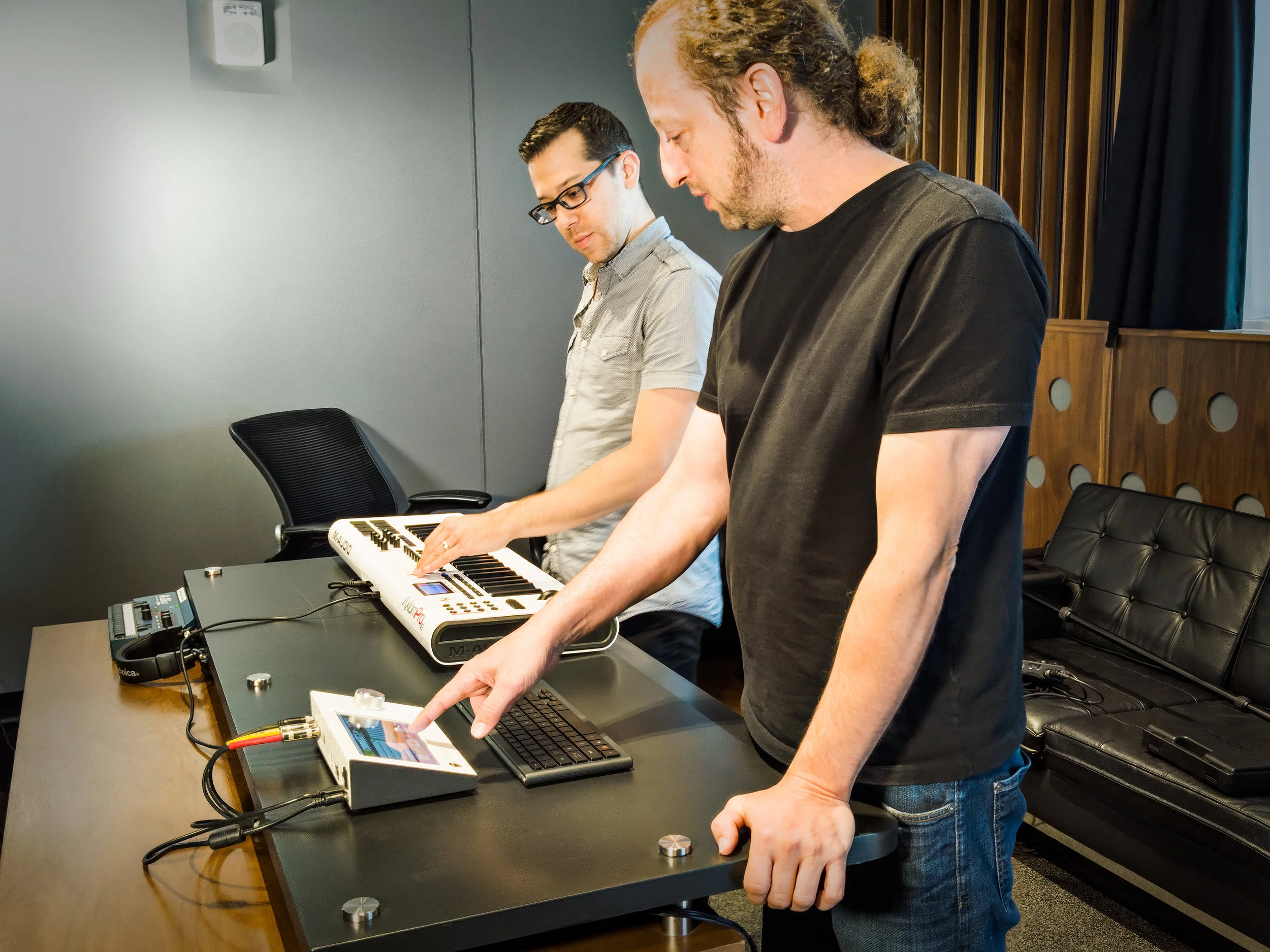 Vince and our friend Jason Wexler mid session. Jason’s instrument keyboard is connected via USB while Vince is using both the touch screen and a Bluetooth remote keyboard.