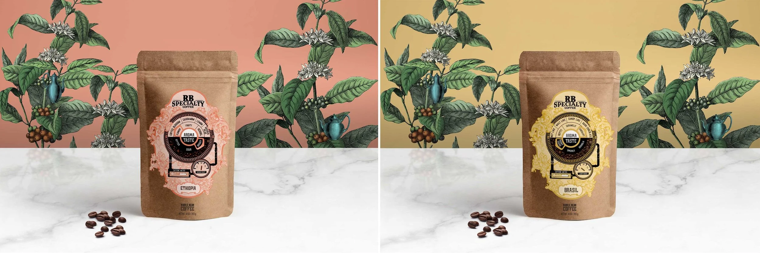 The client was looking for a coffee packaging designer who could design four different types of coffee packaging. These are the standup pouch designs and background graphics for the Brasil and Ethiopian coffee blends.