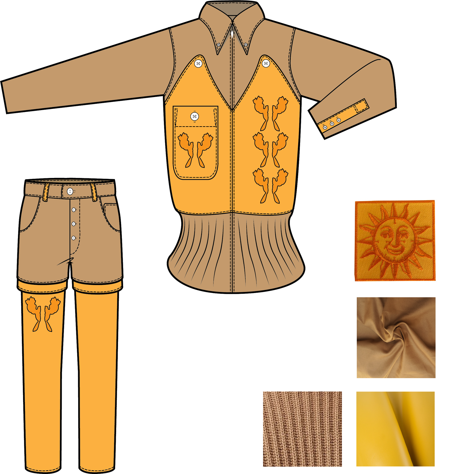  Shell E: Khaki Cotton Twill  Shell F: Yellow Calf Leather  Shell C: Beige Acrylic 5 Gauge 2x2 Rib Knit   The first section of the jacket dress features Shell E w/ padding, which looks to combine jacket and dress shirt construction details. The shirt