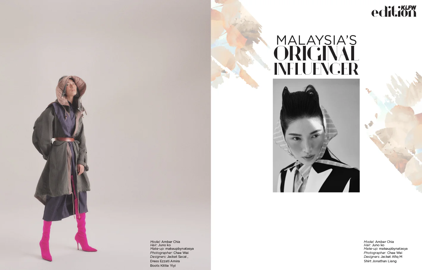 Model: Amber Chia Hair: Juno ko , Make-up: makeupbynatasya , Photographer: Chee Wei , Designers: Left / Jacket Sacai Dress Ezzati Amira , Boots Kittie Yiyi , Right / Jacket Afiq M , Shirt Jonathan Liang