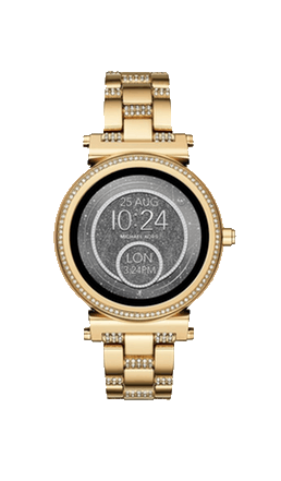 Powered by Android Wear™, the Michael Kors Access Sofie gold-tone touchscreen smartwatch with full-round display and pavé crystal topring connects with your favorite apps and is compatible with iPhone.png