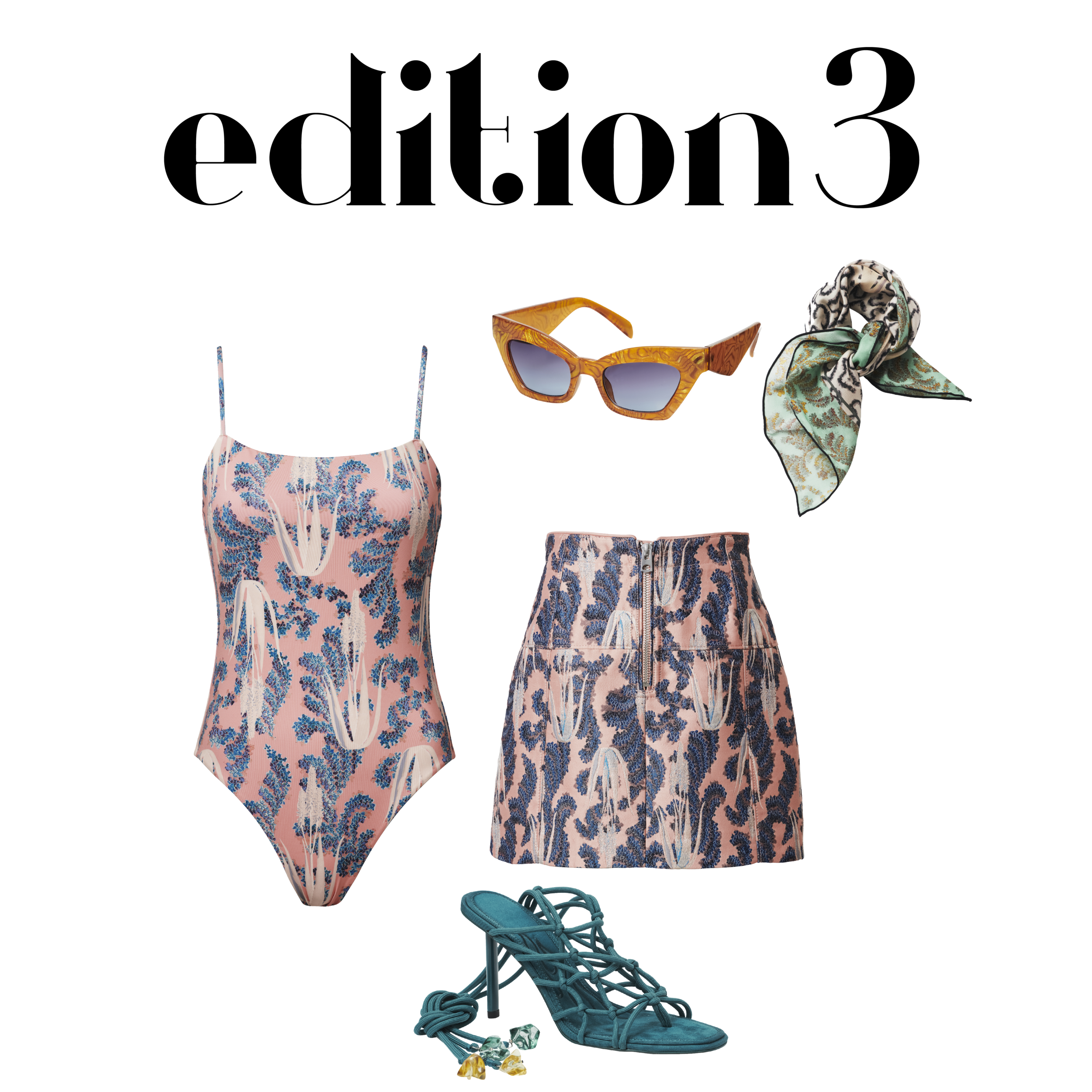 Small Scarf (Pink) - RM 84.95 Sunglasses - RM 109.95 Printed Skirt - RM 279.95 Printed Swimsuit - RM 184.95 (2) Strappy Heels - RM 374.95