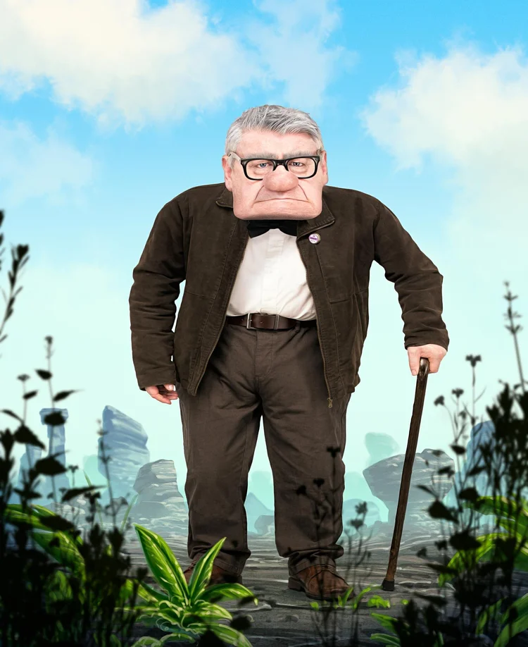 Playful composite of an older man in a bow tie with a walking stick