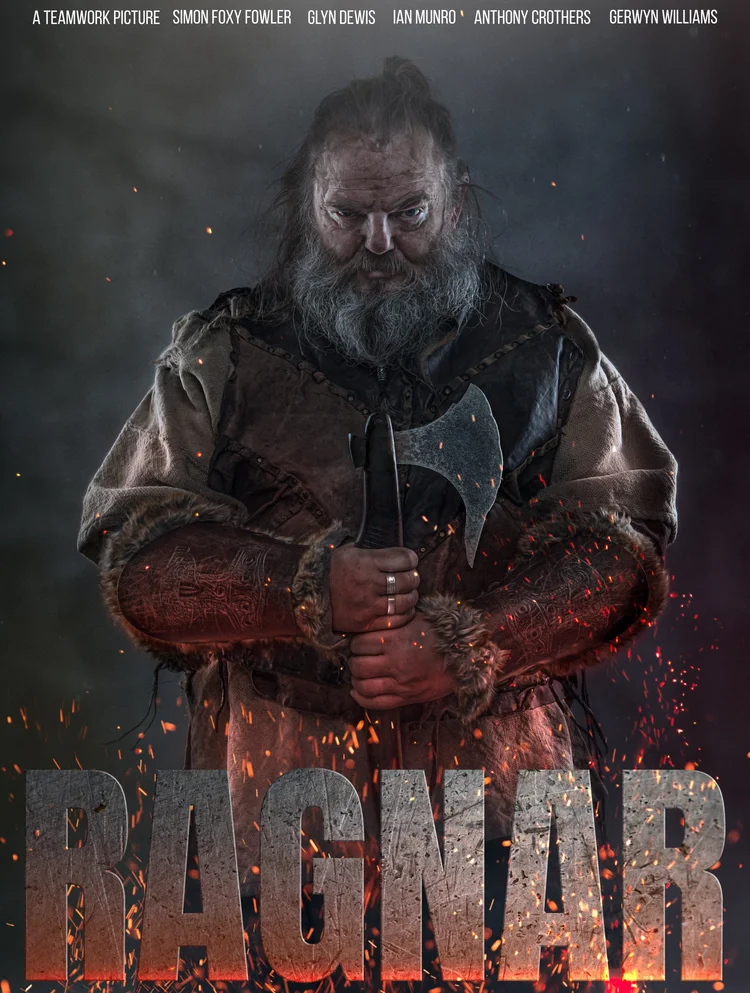 Viking warrior with an axe in a film poster-style composite