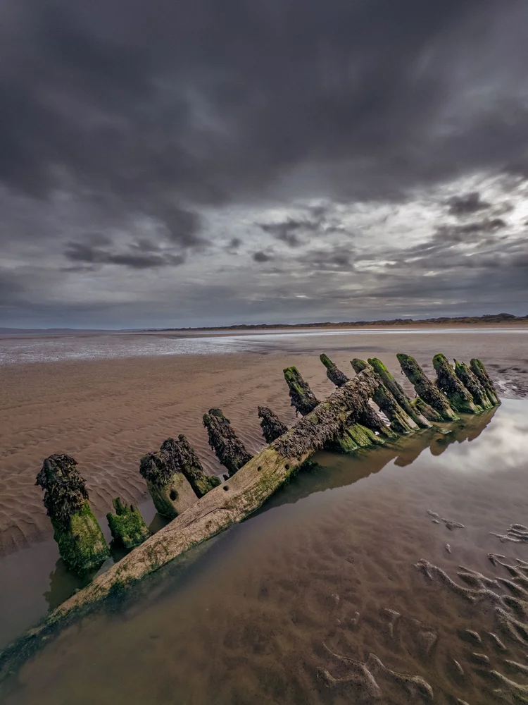 Wreck of the SS Nornen on the beach at low tide