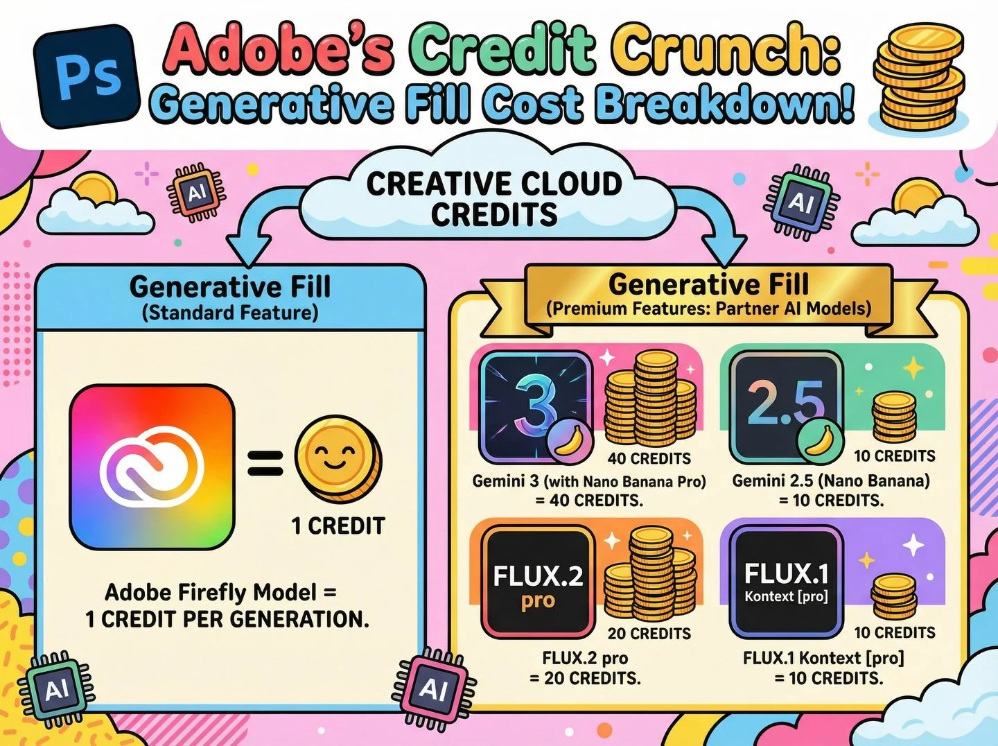 If you use Generative Fill Technology inside of Photoshop, here&rsquo;s a breakdown of how many credits are deducted depending on which AI Model you use ✅