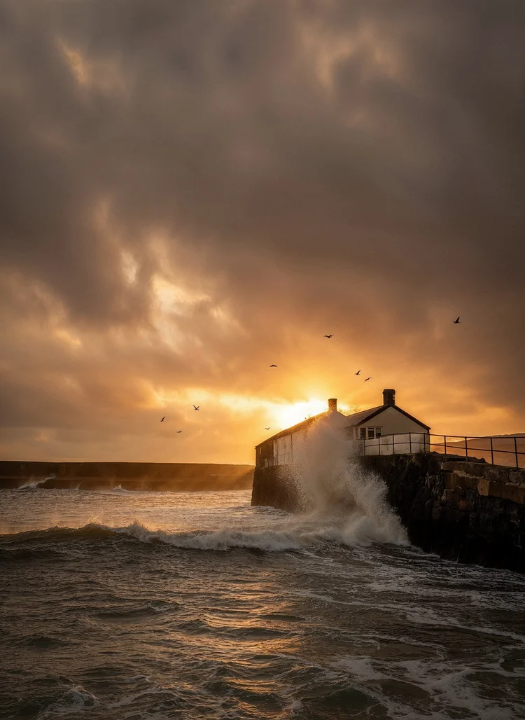 Waves breaking against a harbour wall under a golden sunrise