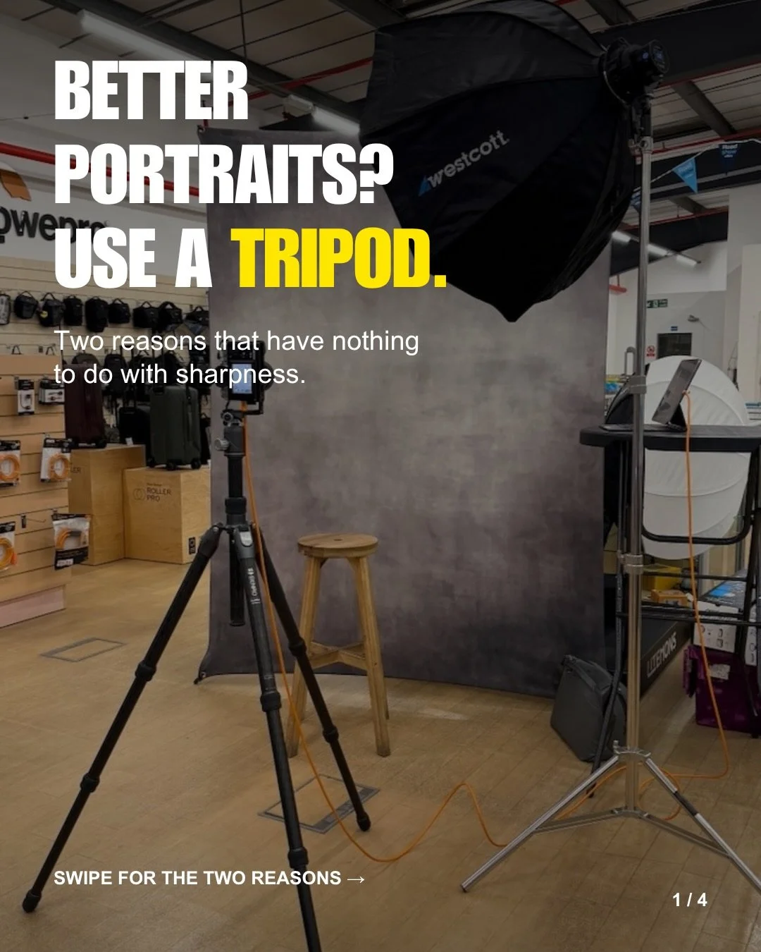 A tripod can help you take better portraits&mdash;and I&rsquo;m not talking about sharper photographs. 
There are two reasons I always recommend using one: 
1️⃣ It gives the person something to look at while you position your lighting. Otherwise, the