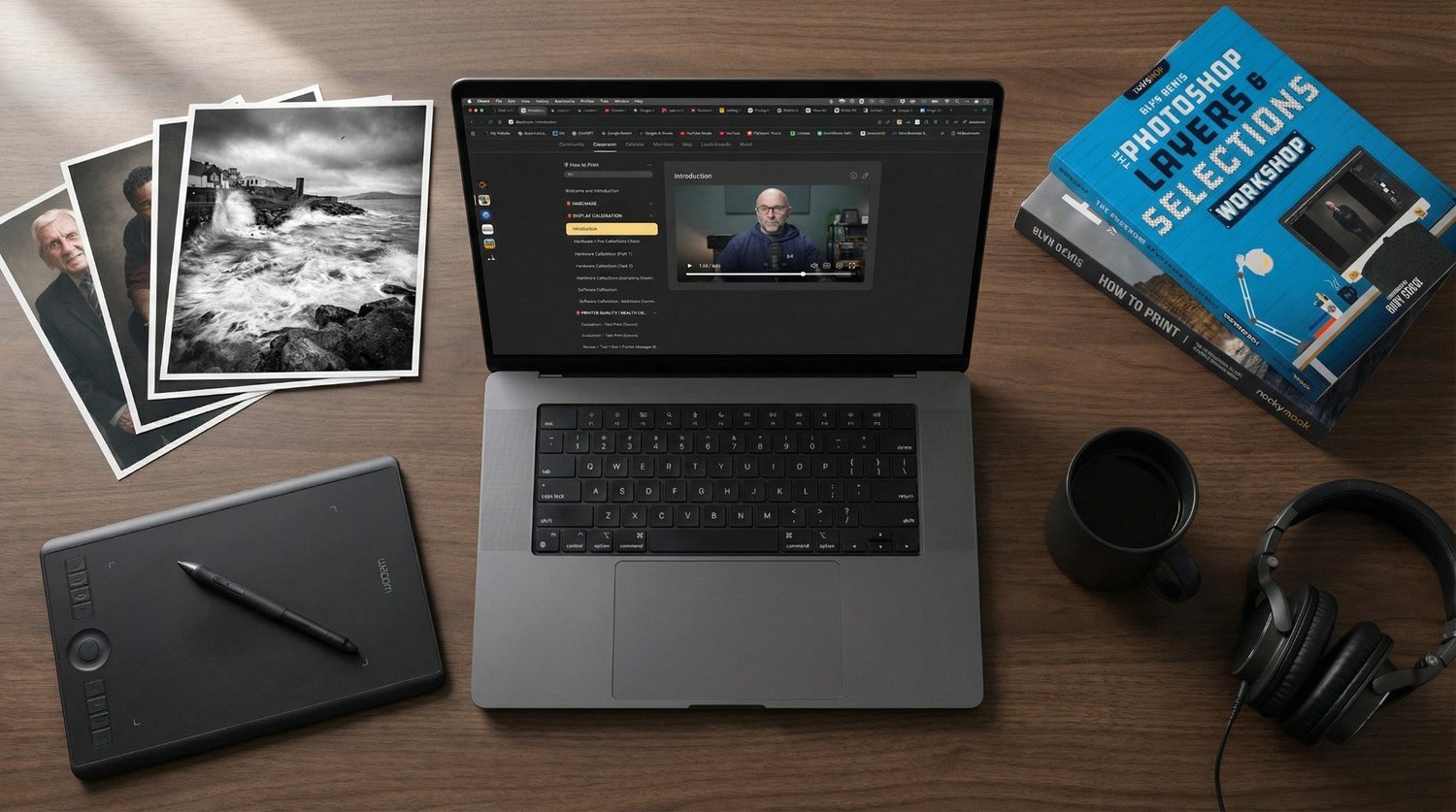 Laptop showing the Premium Classroom on Skool, with prints and Glyn Dewis books on a desk