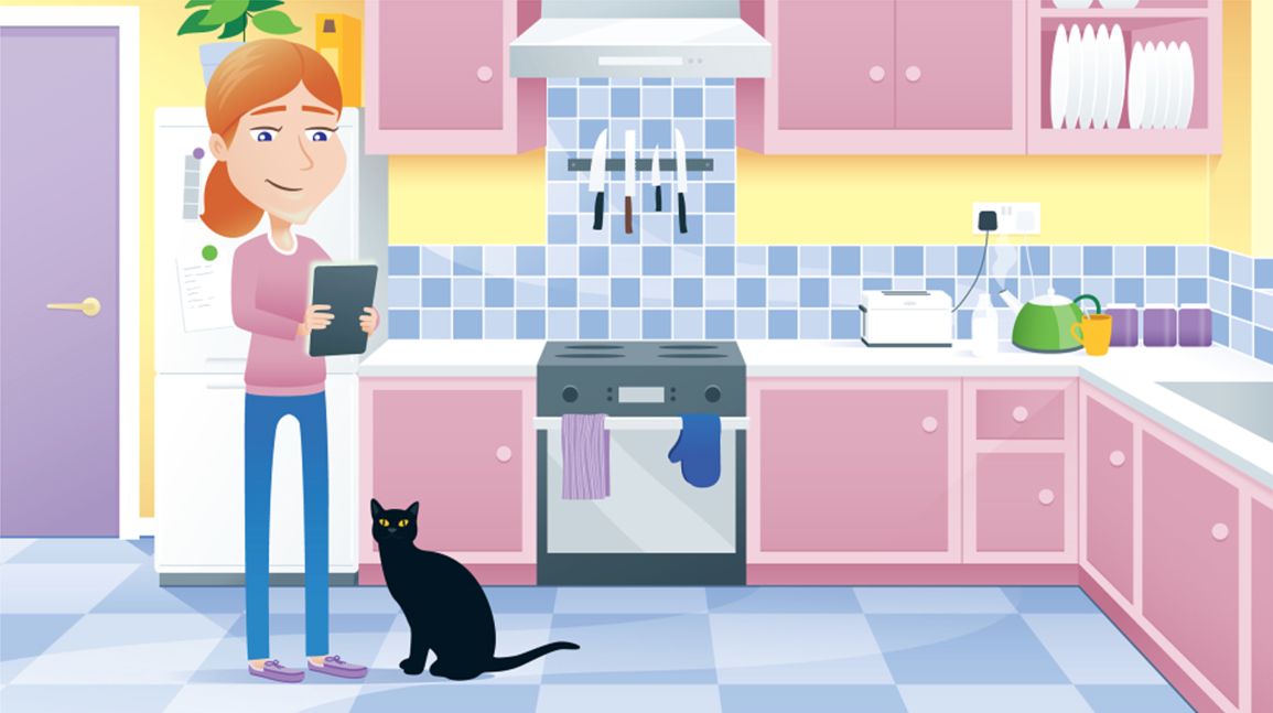 vector illustration cartoon woman in pink kitchen with cat