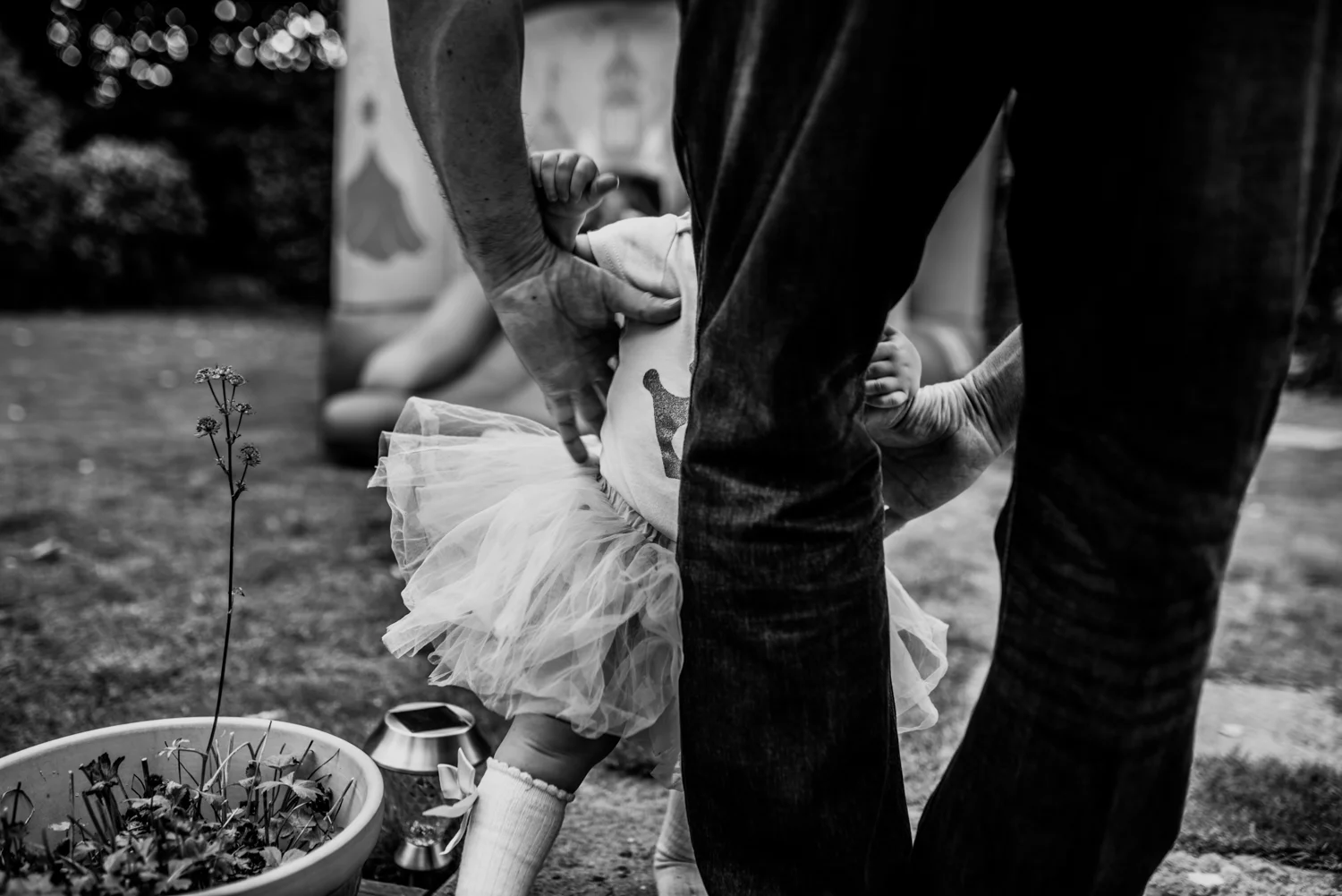 A grandfather bends down to pick up his grand daughter in their family garden during this relaxed family photo session.
