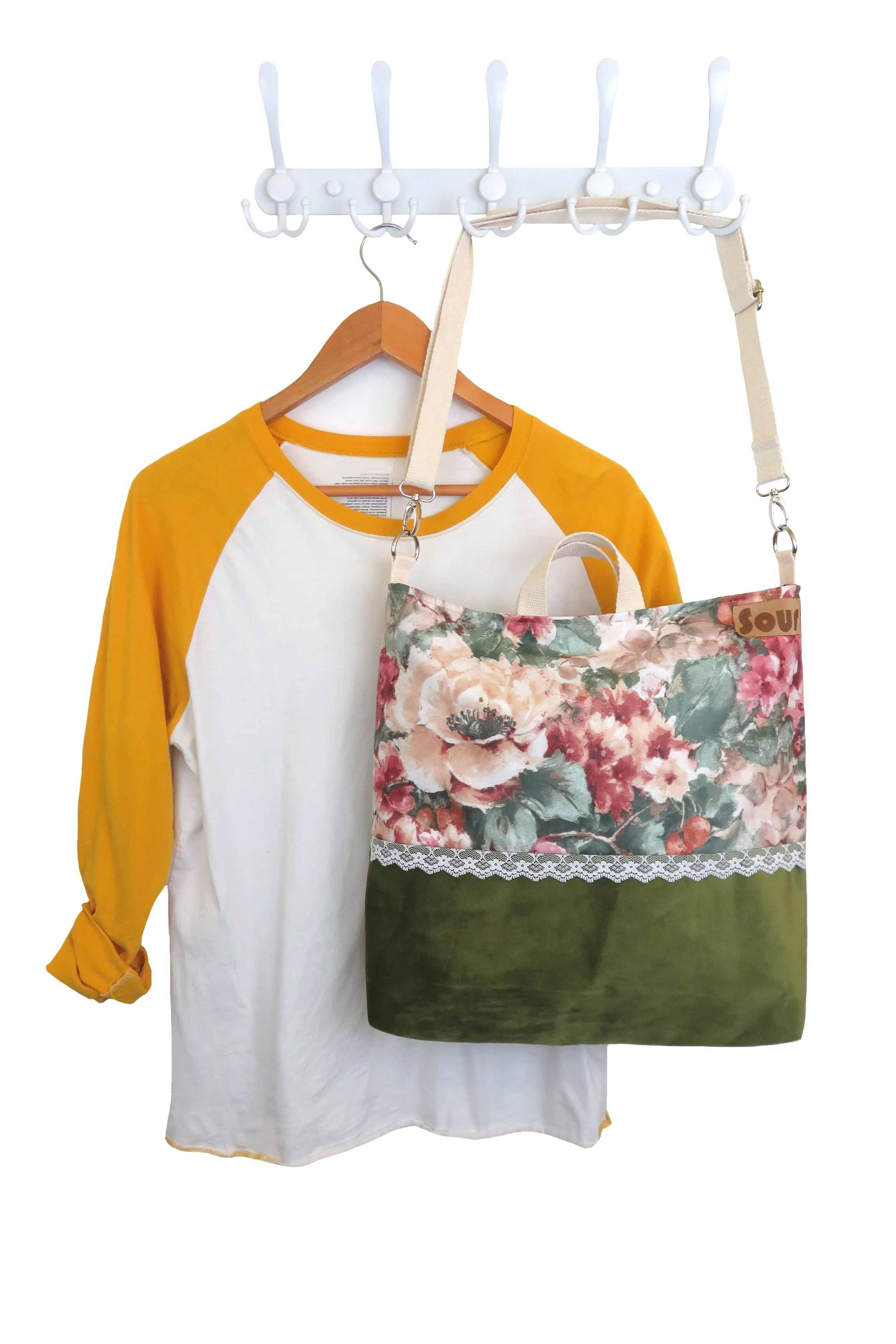 All Tied Up On The Inside// Bold Retro Floral, White Lace and Dark Olive Green Velvet Crossbody Bag