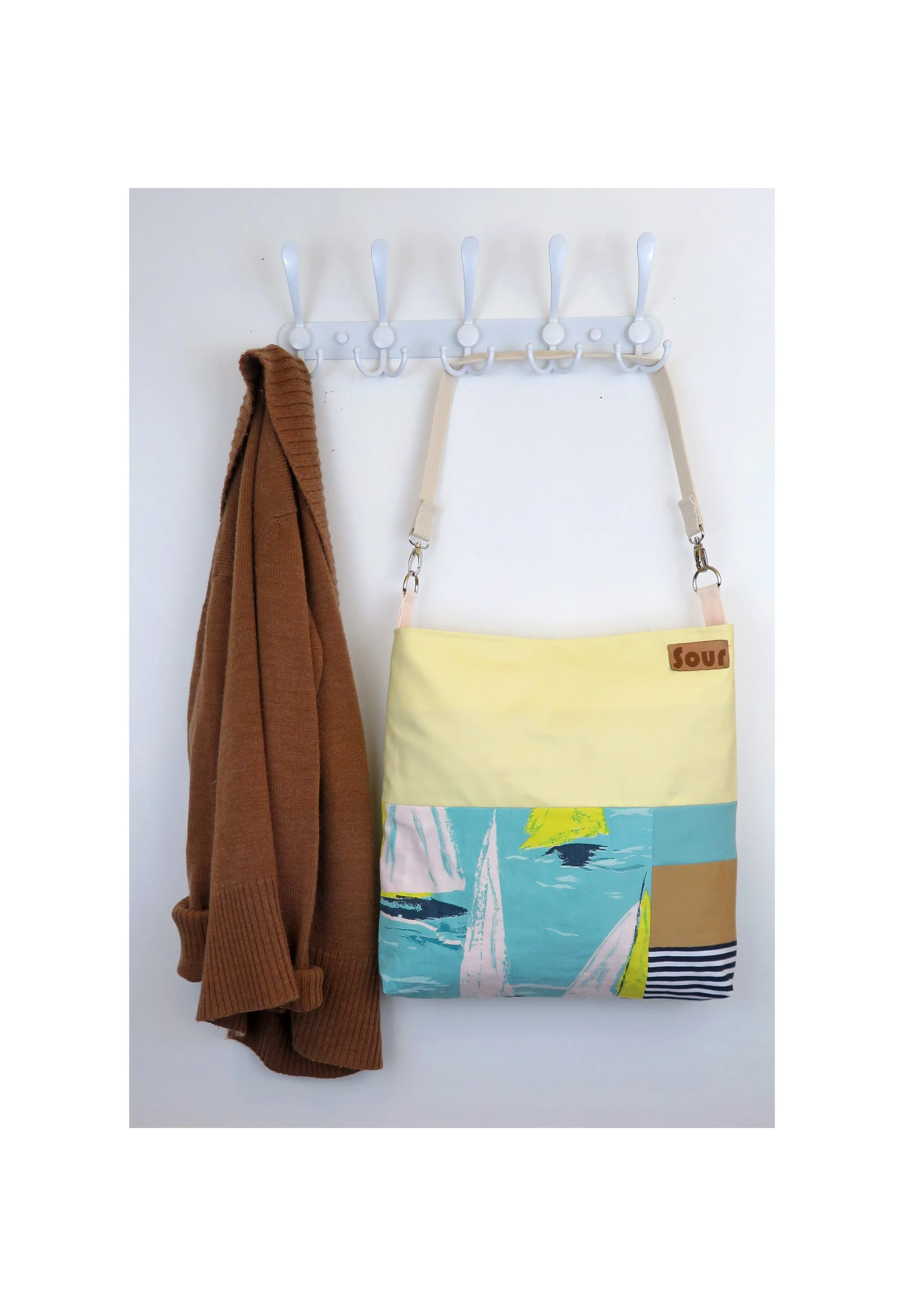 Waiting On Sunday// Light Yellow, Sailboat Print and Stripe Slouchy Shoulder Bag